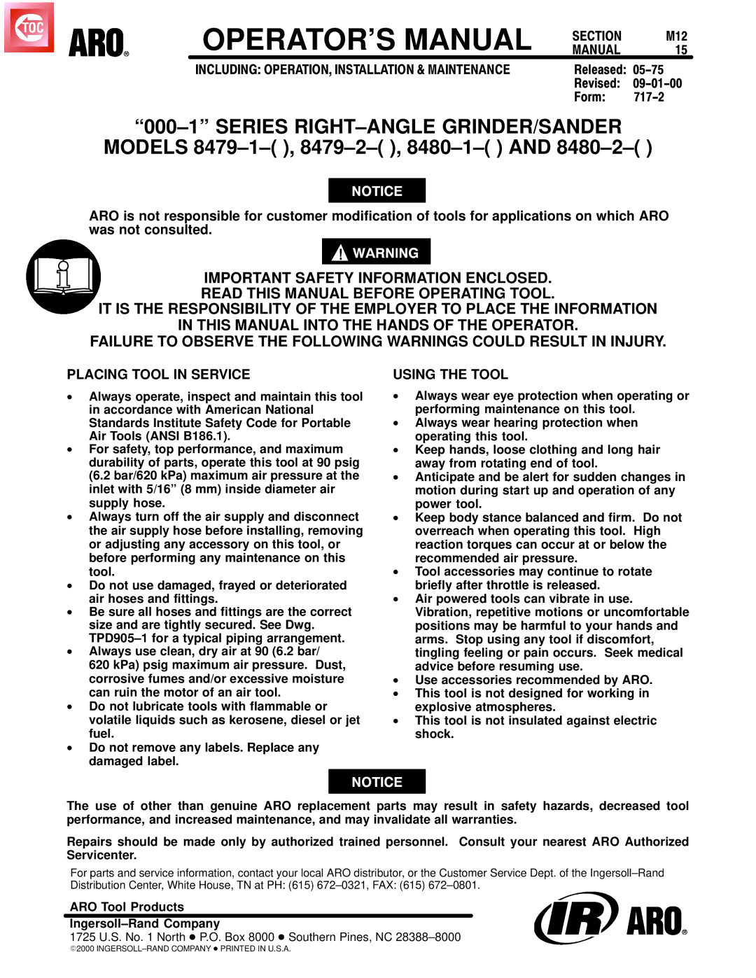 Ingersoll-Rand 84791( ), 84802( ), 84792( ), 84801( ) manual OPERATOR’S Manual 