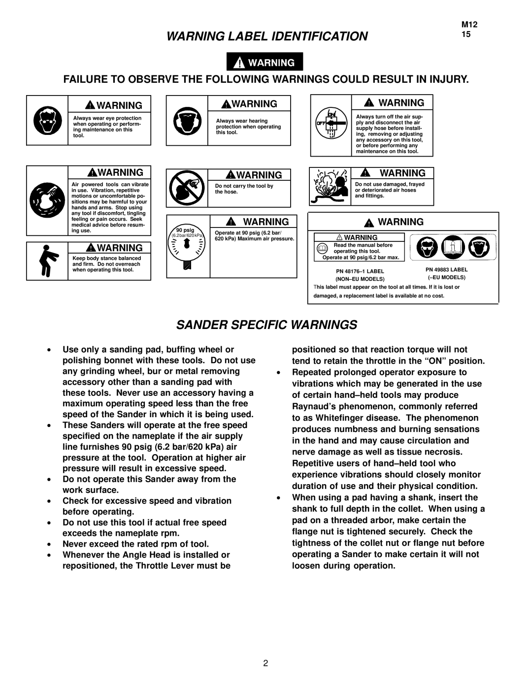 Ingersoll-Rand 84792( ), 84802( ), 84791( ), 84801( ) manual Sander Specific Warnings 