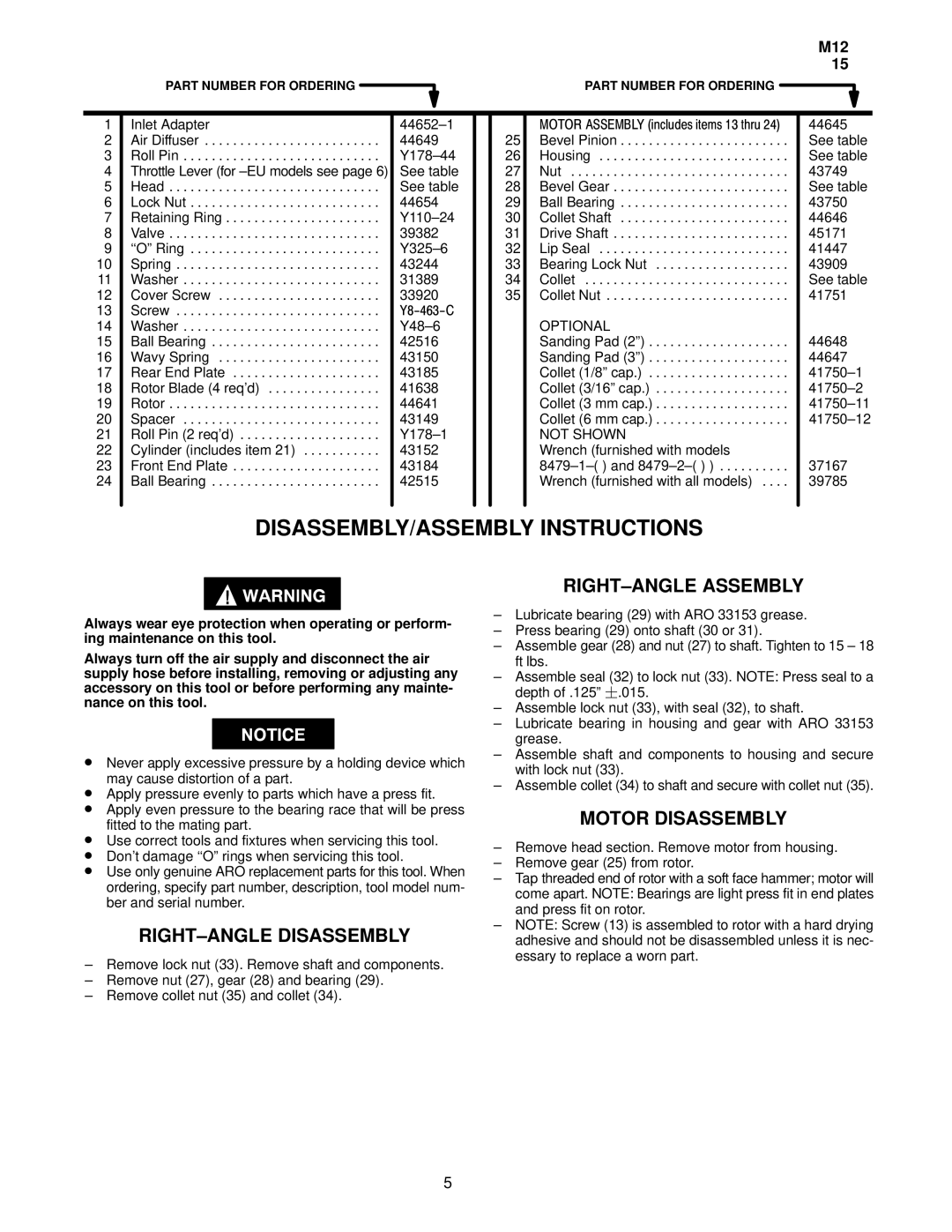 Ingersoll-Rand 84791( ), 84802( ), 84792( ), 84801( ) manual RIGHT-ANGLE Disassembly, RIGHT-ANGLE Assembly, Motor Disassembly 