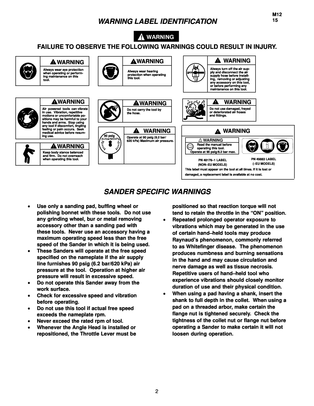 Ingersoll-Rand 84792( ), 84802( ), 84791( ), 84801( ) manual Warning Label Identification, Sander Specific Warnings 