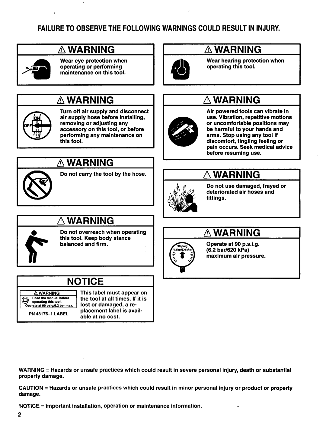 Ingersoll-Rand 8488 manual Failureto Observethe Followingwarningscould Resultin Injury 