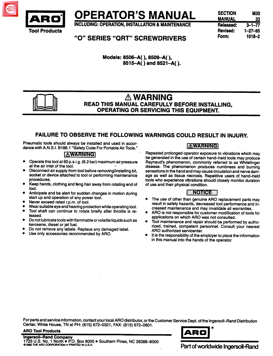 Ingersoll-Rand 8521-A, 8515-A, 8506-A, 8509-A manual OPERATOR’S Manual, Series QRT Screwdrivers 