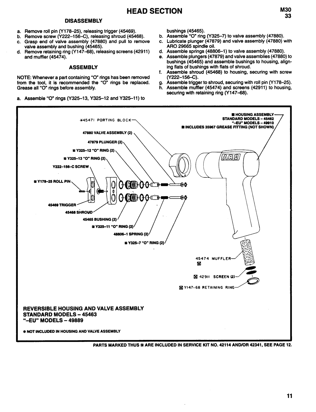 Ingersoll-Rand 8509-A, 8515-A, 8521-A, 8506-A manual Head Section, Reversible Housing and Valve Assembly Standard Models 