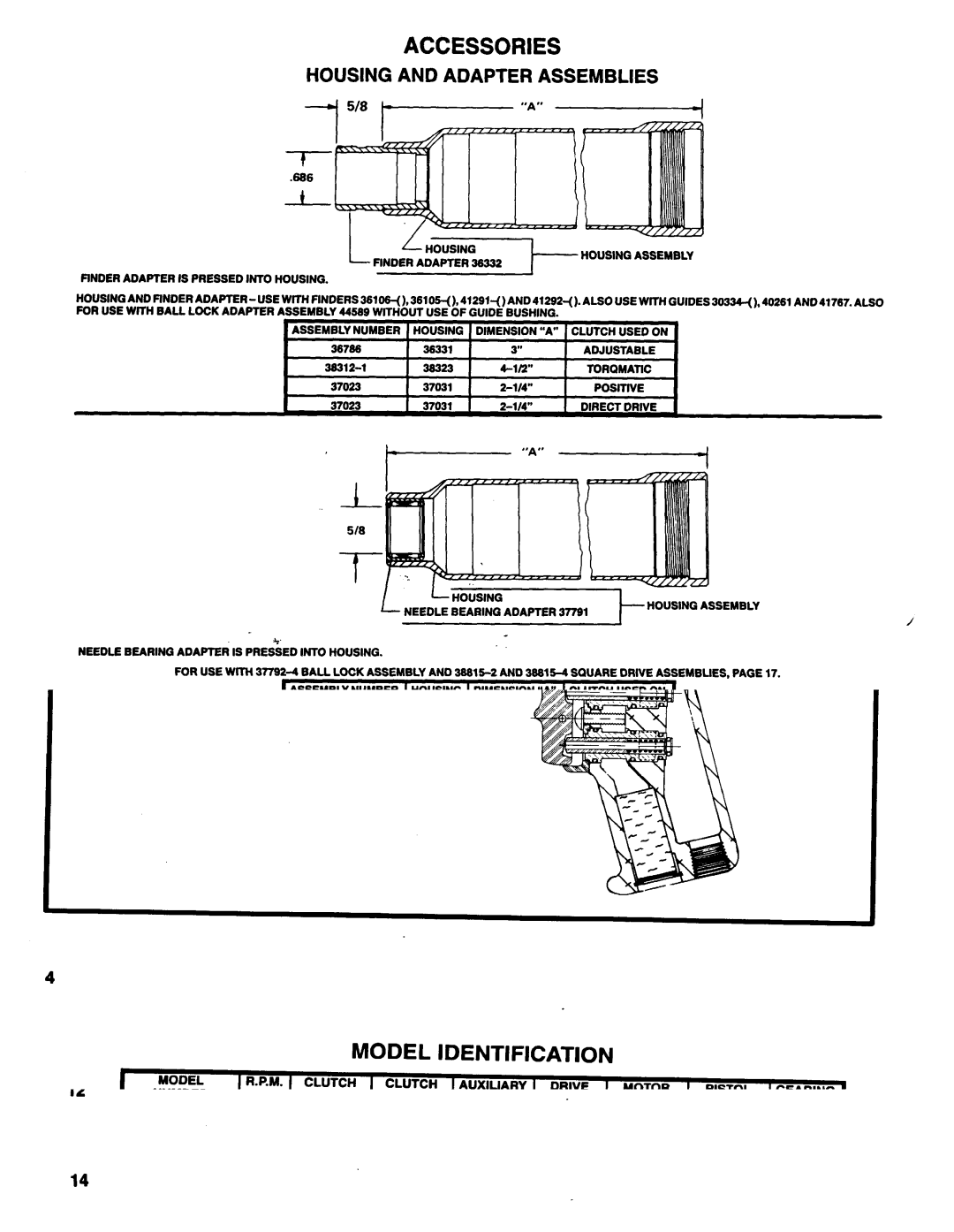 Ingersoll-Rand 8506-A, 8515-A, 8521-A, 8509-A manual Housing and Adapter Assemblies, Finders, Standard Length for 1/4 HEX Bits 