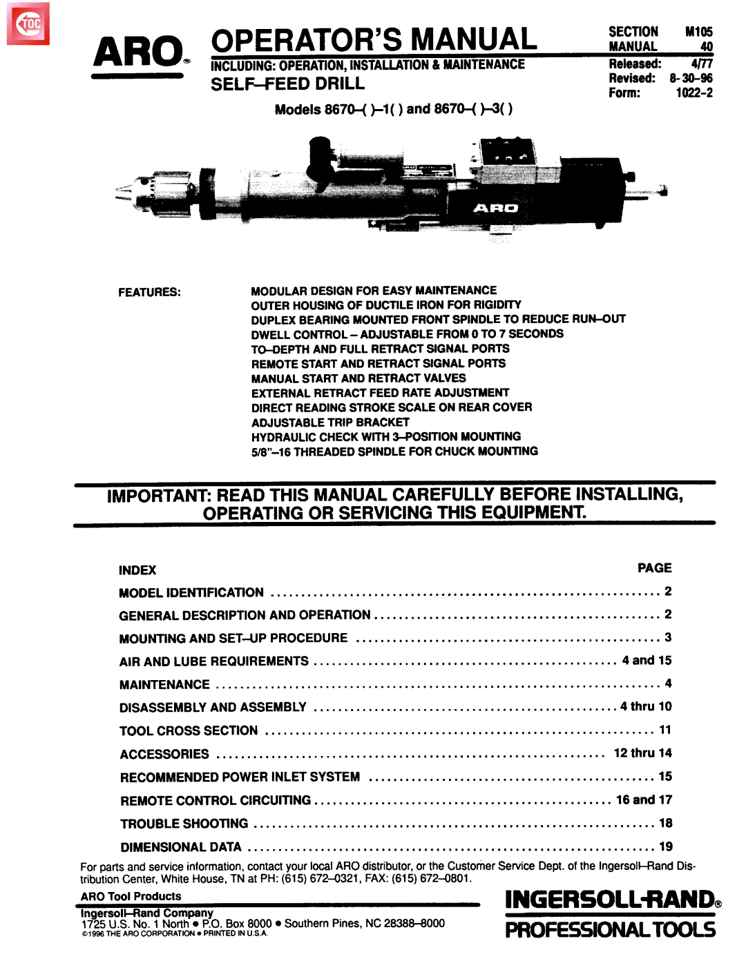 Ingersoll-Rand 8670-( )-3( ), 8670-( )-1( ) manual SELF-FEED Drill 