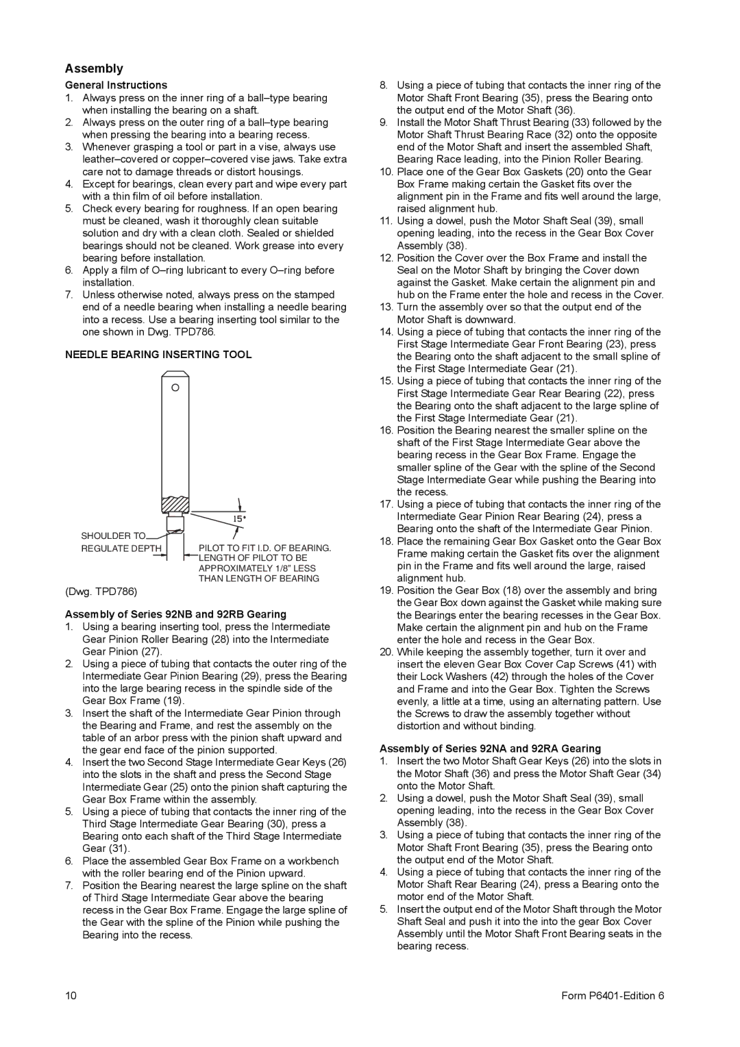 Ingersoll-Rand manual Assembly of Series 92NB and 92RB Gearing, Assembly of Series 92NA and 92RA Gearing 