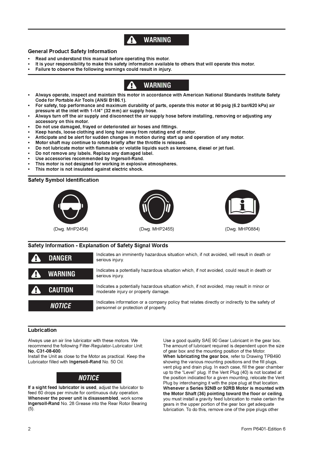 Ingersoll-Rand 92N, 92R manual General Product Safety Information, Safety Symbol Identification, Lubrication 