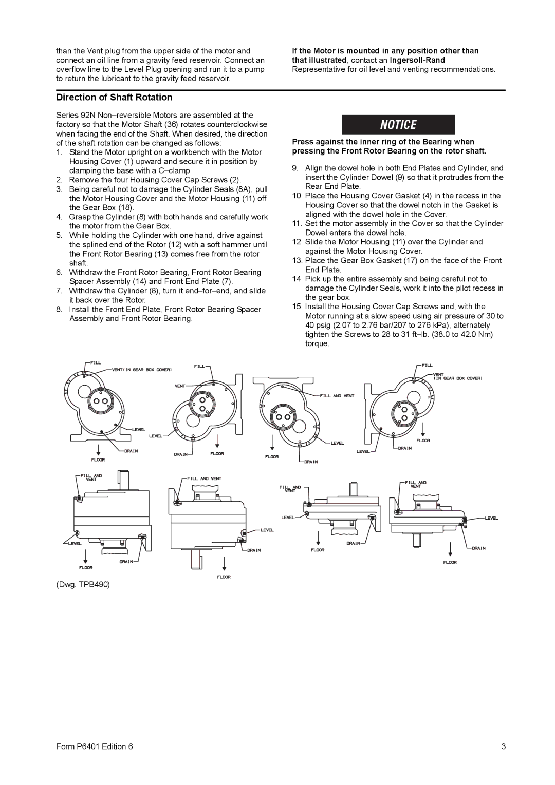 Ingersoll-Rand 92R, 92N manual Direction of Shaft Rotation 