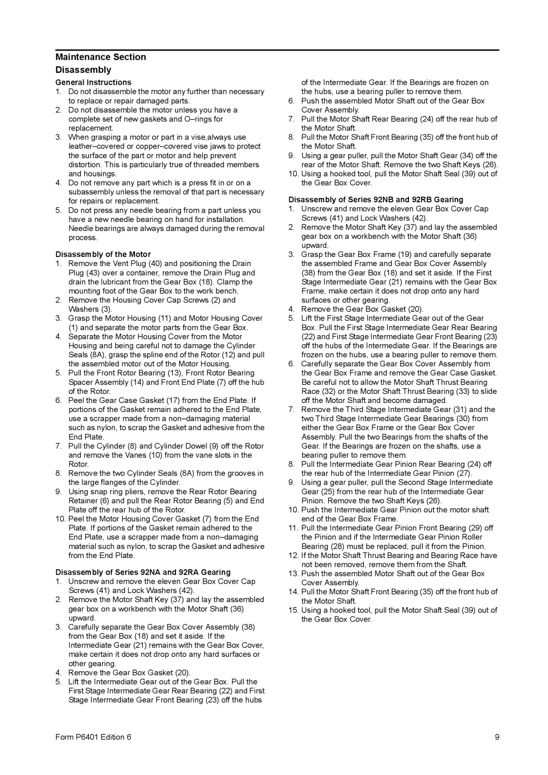 Ingersoll-Rand 92R, 92N manual Maintenance Section Disassembly, General Instructions, Disassembly of the Motor 