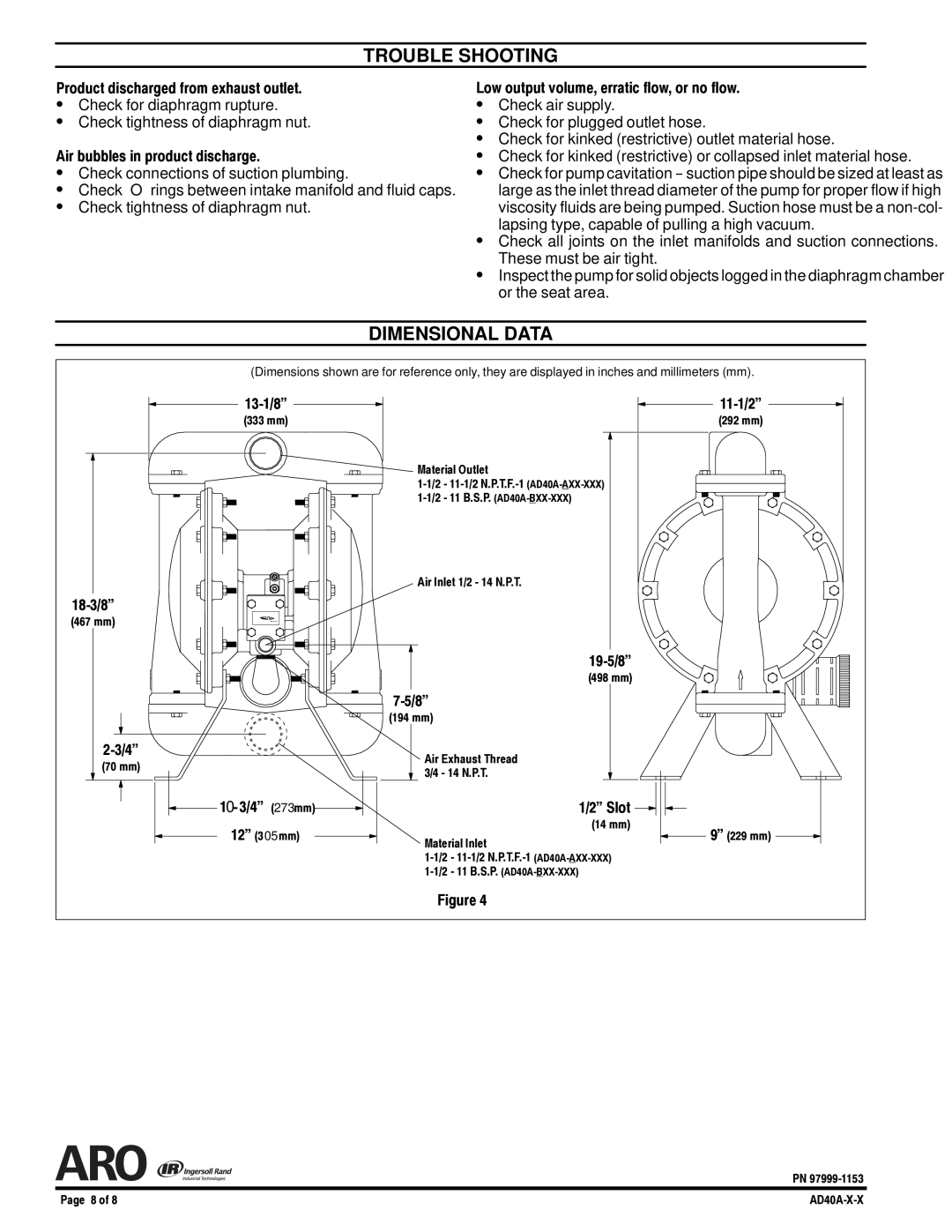 Ingersoll-Rand AD40A-X-X manual Trouble Shooting, Dimensional Data 