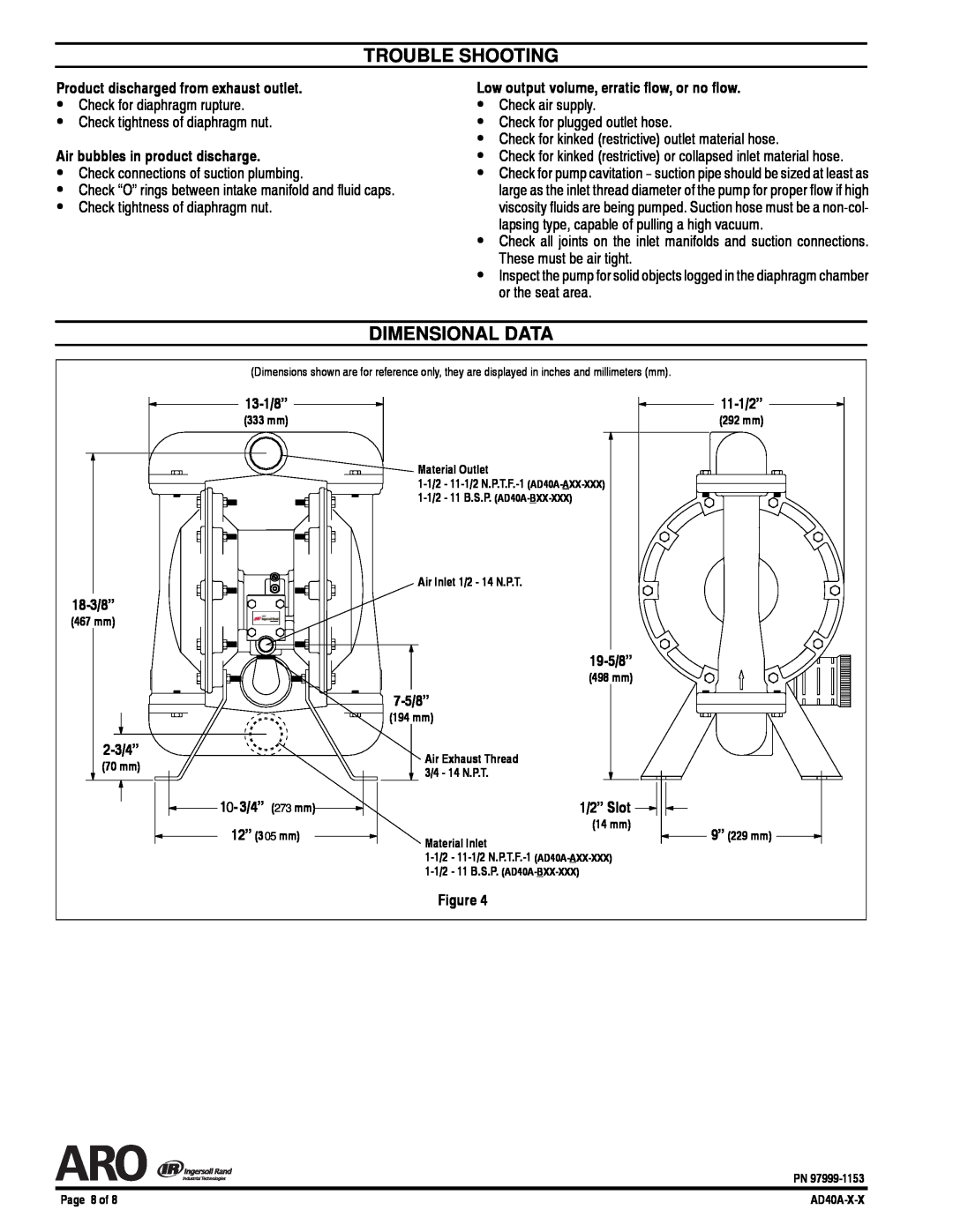 Ingersoll-Rand AD40A-X-X manual Trouble Shooting, Dimensional Data 