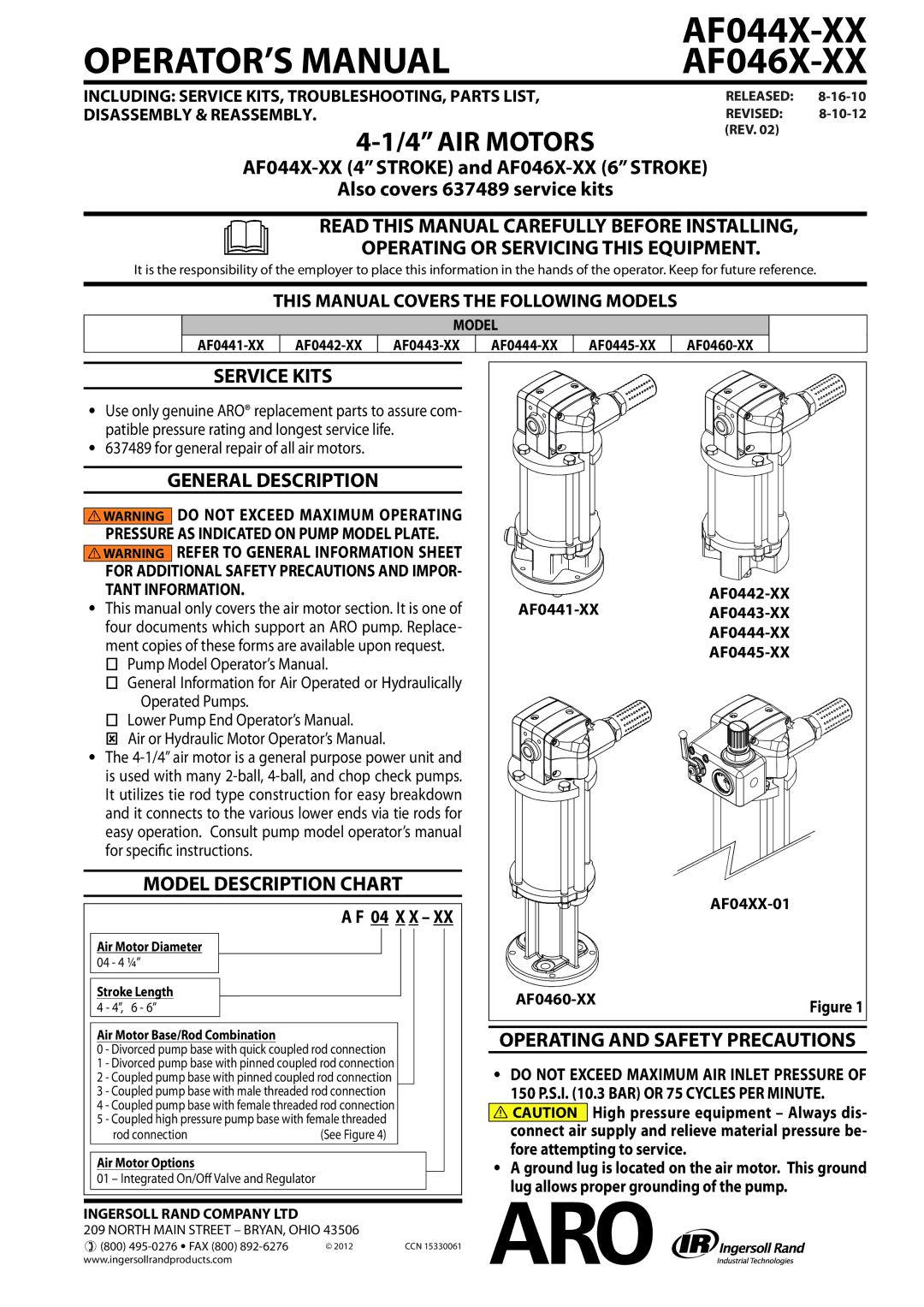 Ingersoll-Rand AF046X-XX, AF044X-XX manual Service Kits, General Description, Model Description Chart 