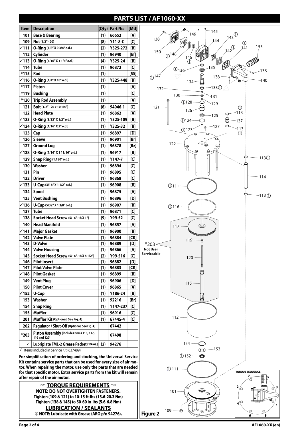 Ingersoll-Rand AF1060-XX Description, 101, 66652 109, Y11-8-C C, Cylinder 96940, Y325-24 114 Tube 96872 115 Rod, 96917 129 