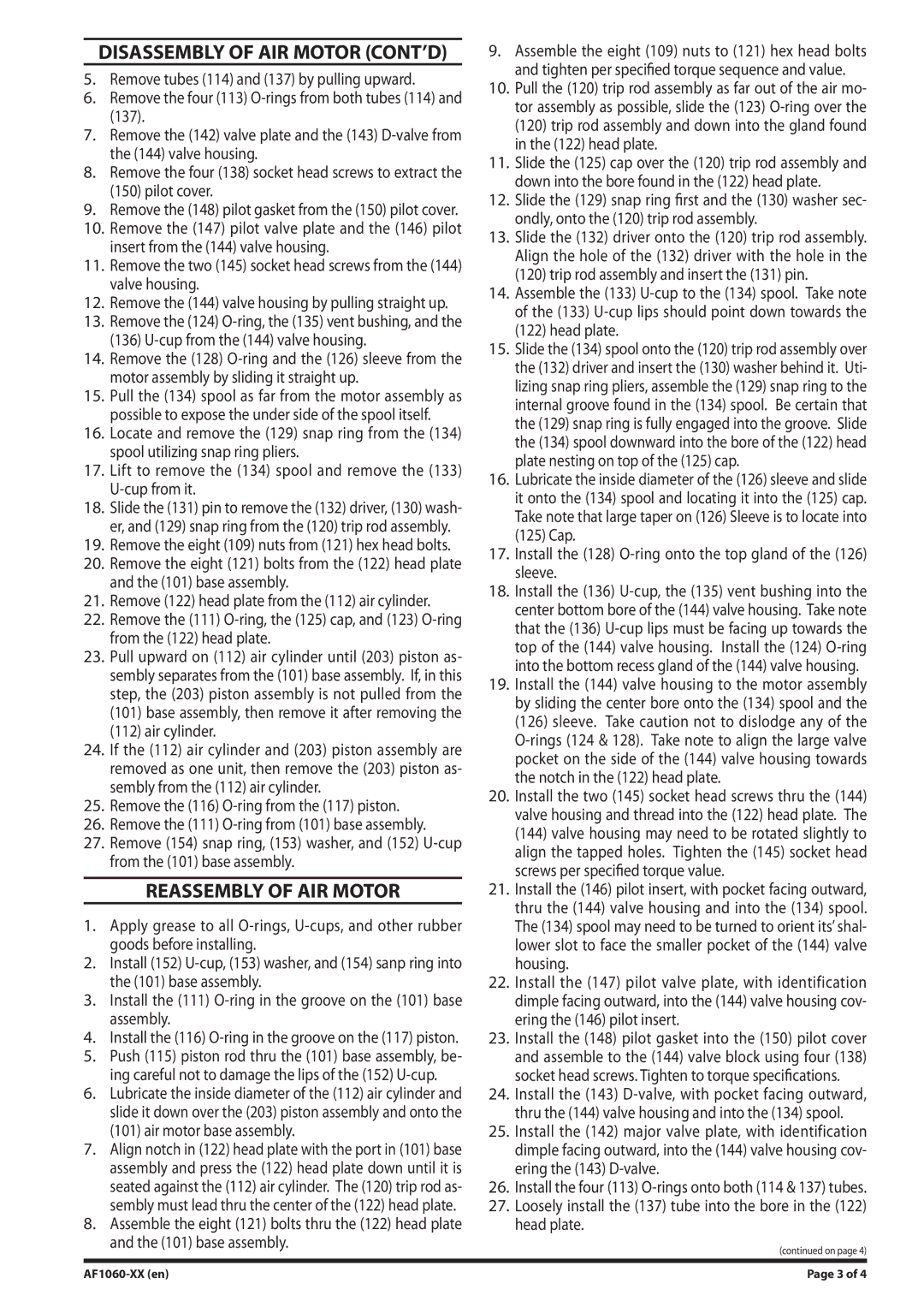 Ingersoll-Rand AF1060-XX manual Disassembly of AIR Motor CONT’D, Reassembly of AIR Motor 