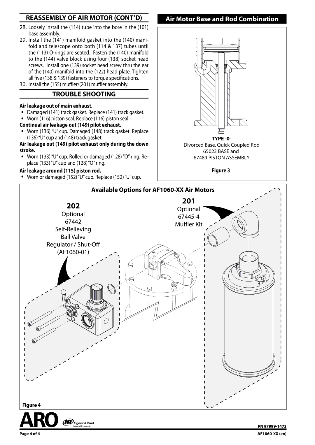 Ingersoll-Rand AF1060-XX manual Reassembly of AIR Motor CONT’D, Trouble Shooting 