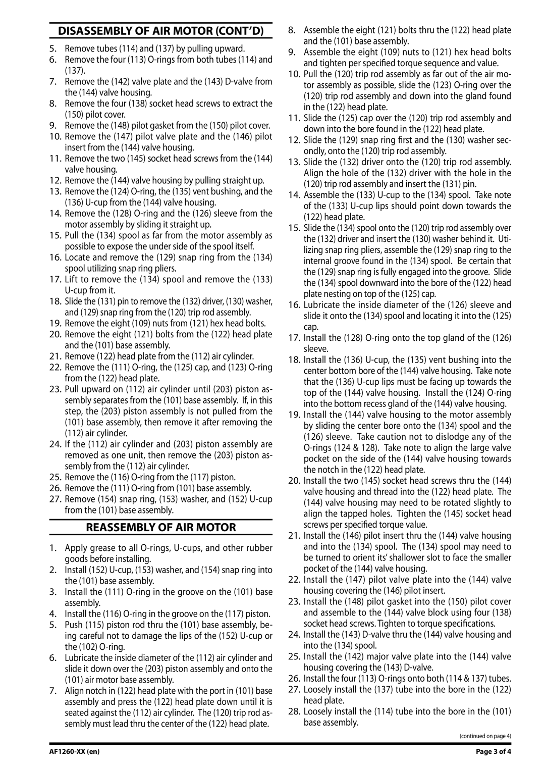 Ingersoll-Rand AF1260-XX manual Disassembly of AIR Motor CONT’D, Reassembly of AIR Motor 