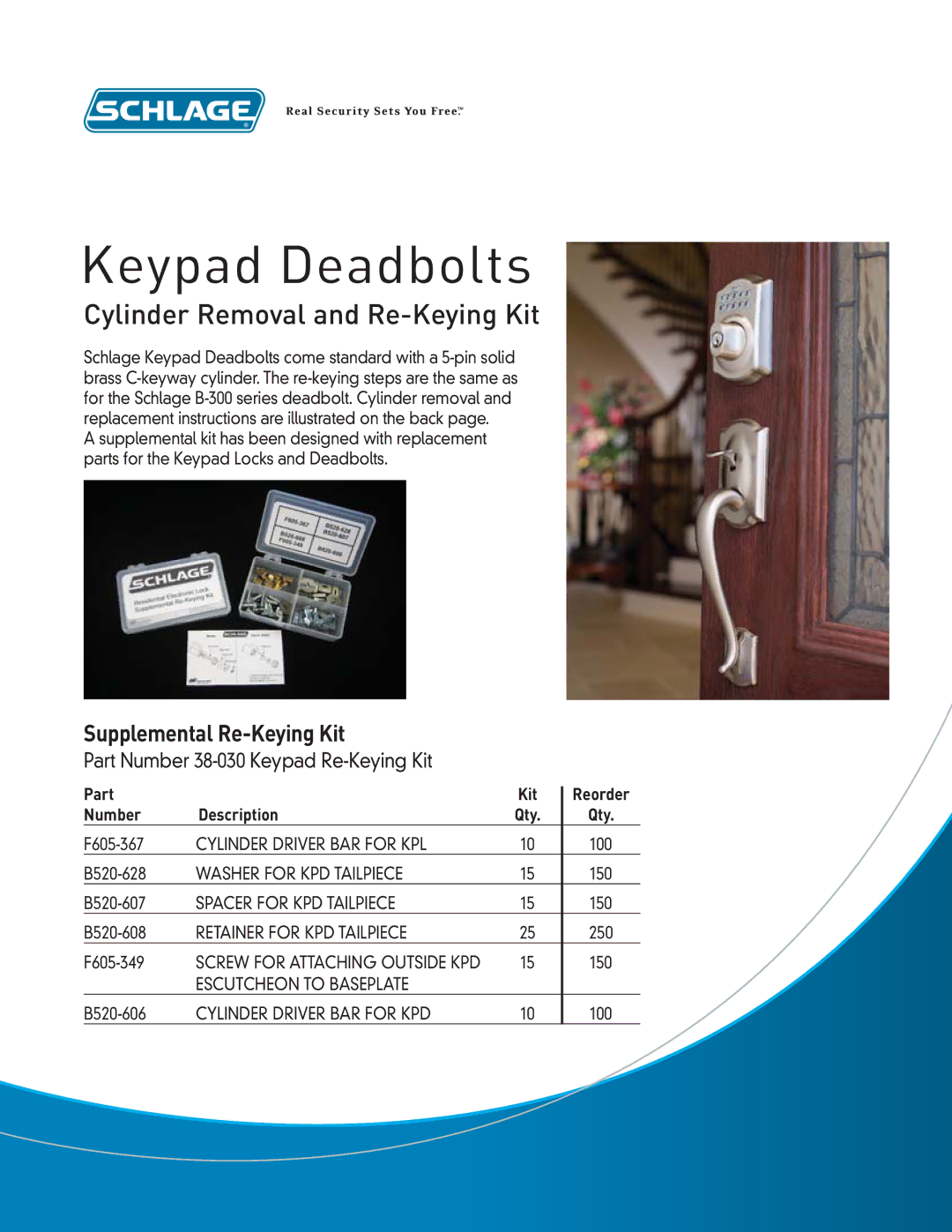 Ingersoll-Rand BE365 manual Cylinder Removal and Re-Keying Kit, Supplemental Re-Keying Kit, Part Kit, Number Description 