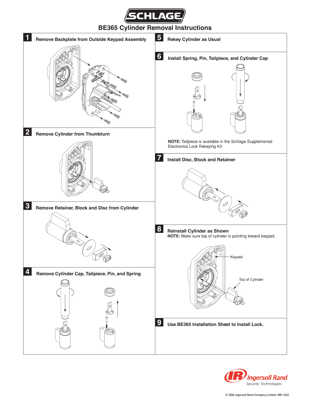 Ingersoll-Rand manual BE365 Cylinder Removal Instructions 