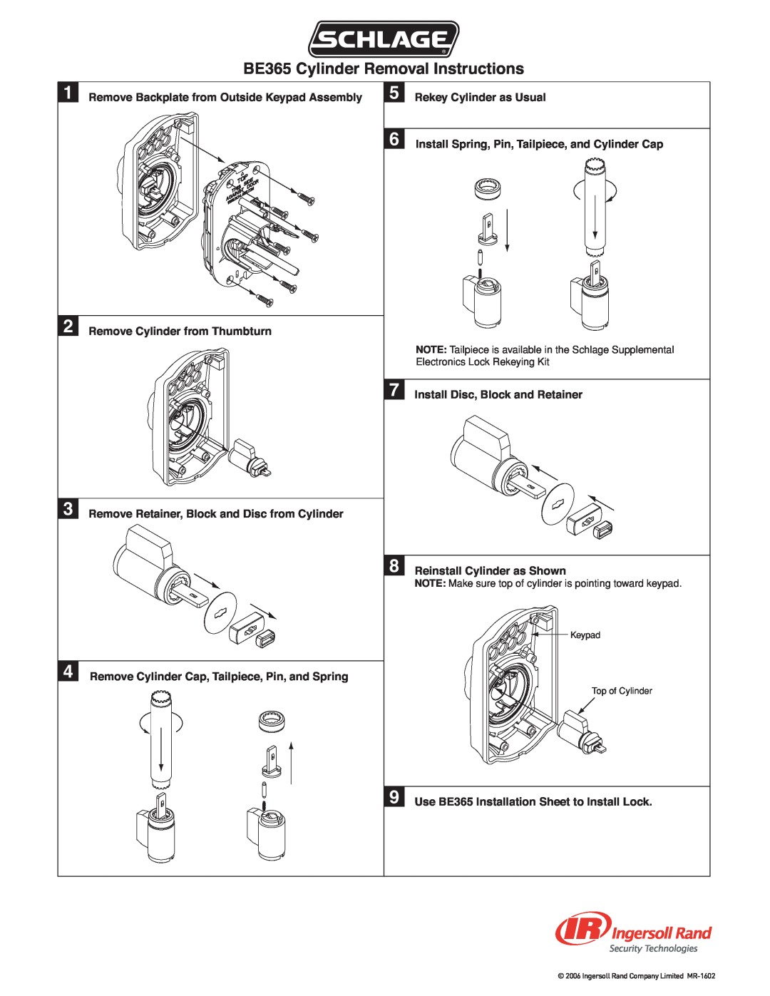 Ingersoll-Rand manual BE365 Cylinder Removal Instructions 