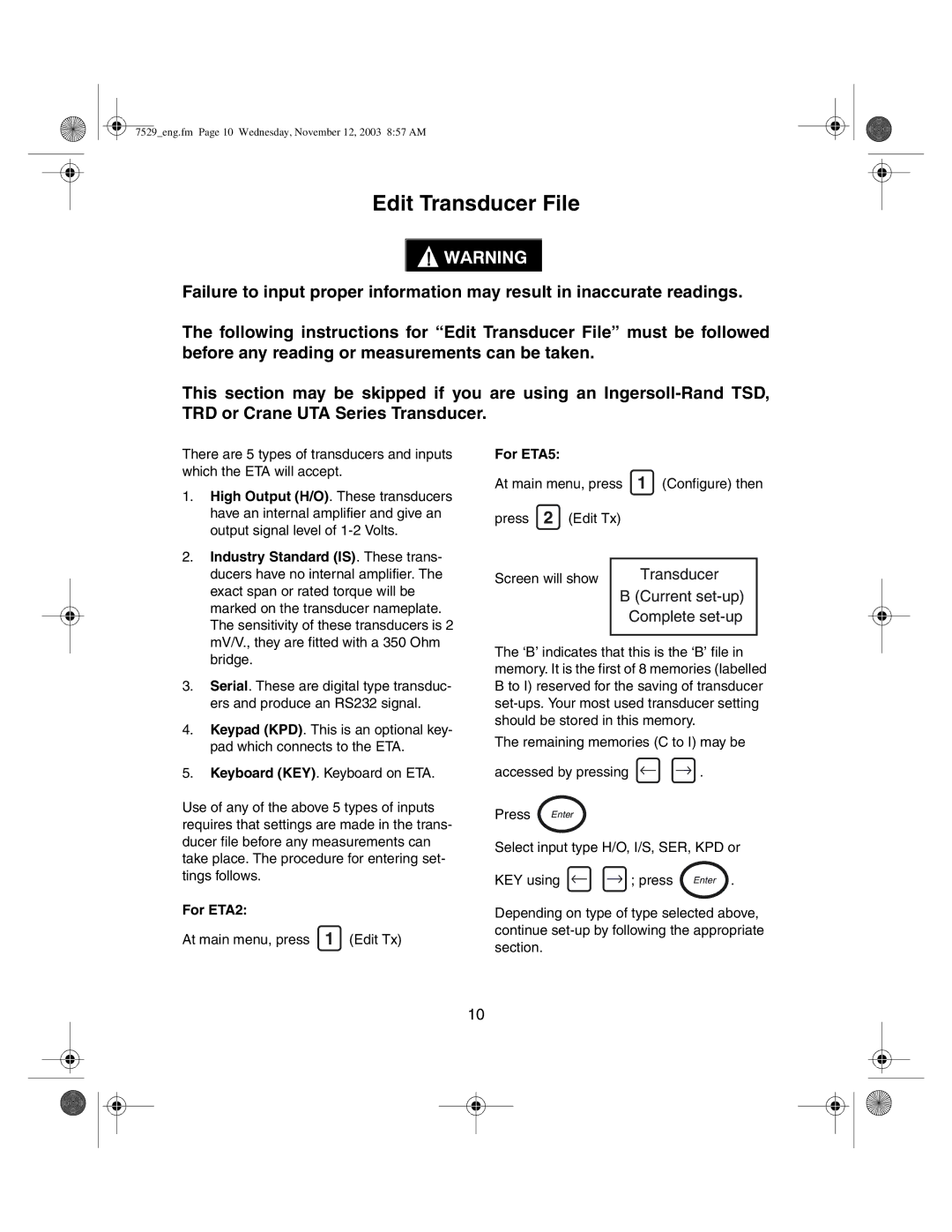 Ingersoll-Rand manual Edit Transducer File, For ETA2, For ETA5 