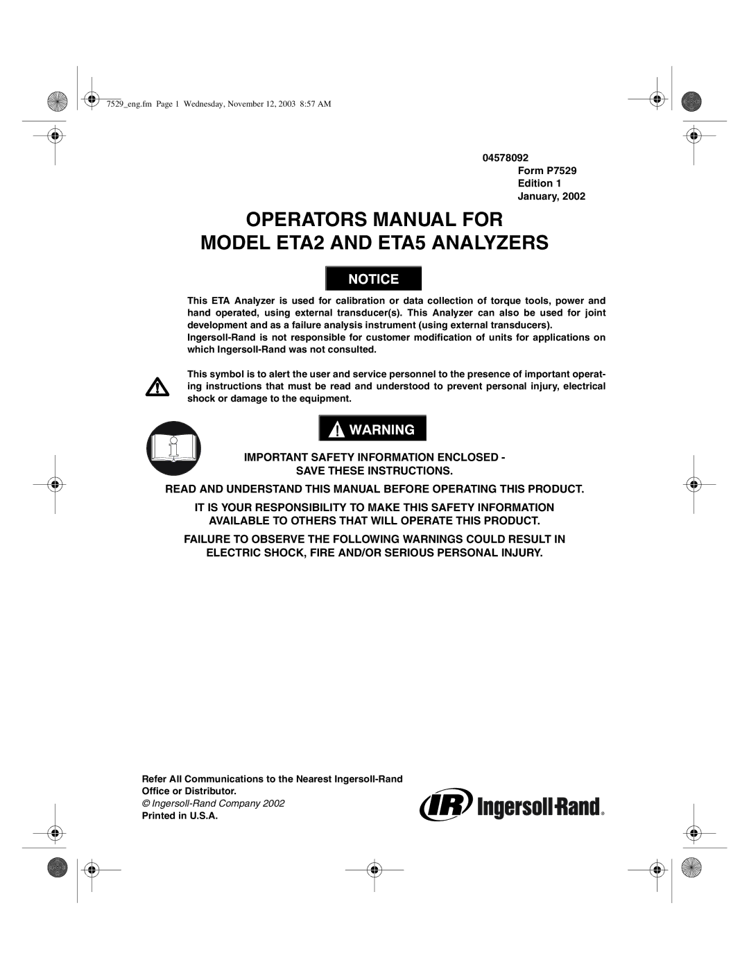 Ingersoll-Rand manual Operators Manual for Model ETA2 and ETA5 Analyzers 