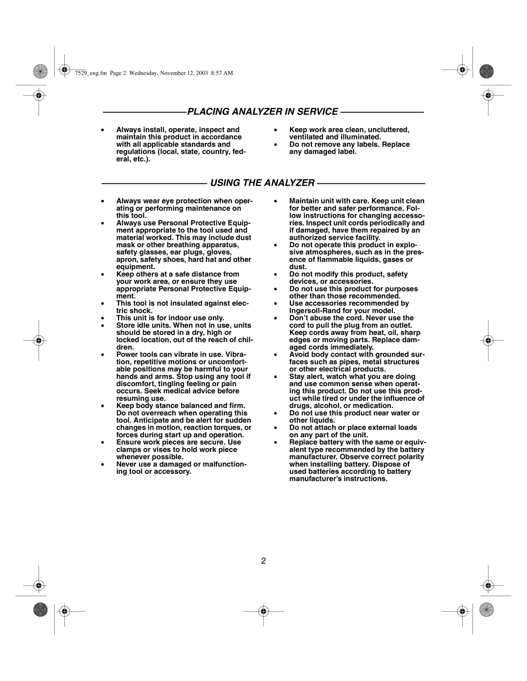 Ingersoll-Rand ETA2, ETA5 manual Placing Analyzer in Service 