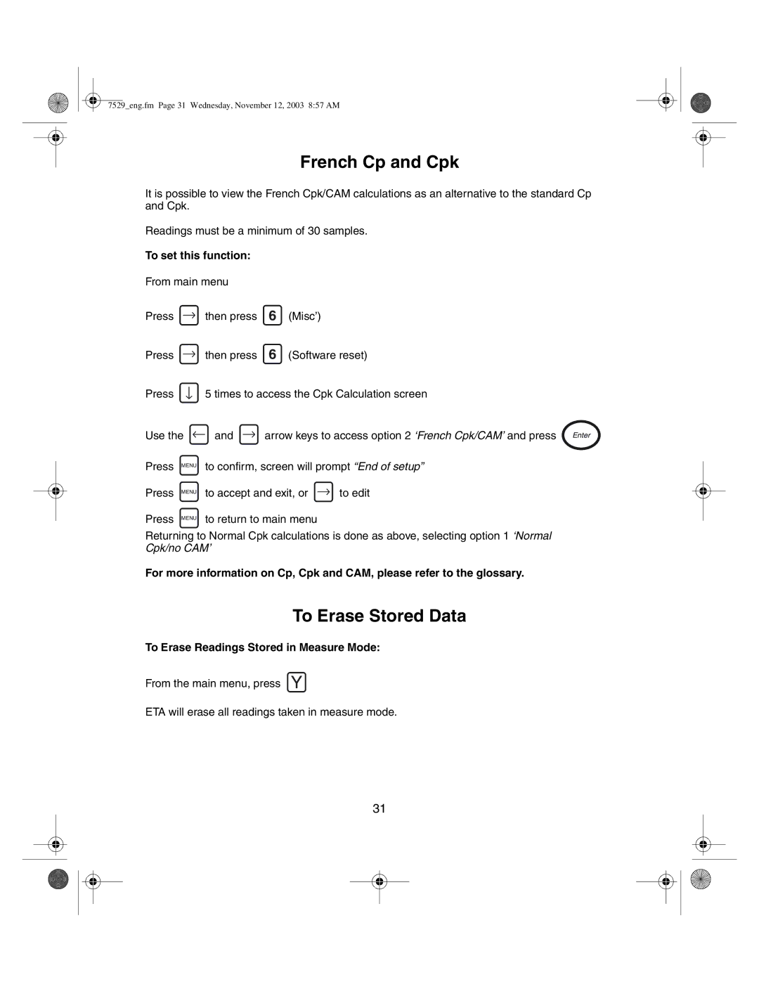 Ingersoll-Rand ETA5, ETA2 manual French Cp and Cpk, To Erase Stored Data, To set this function 