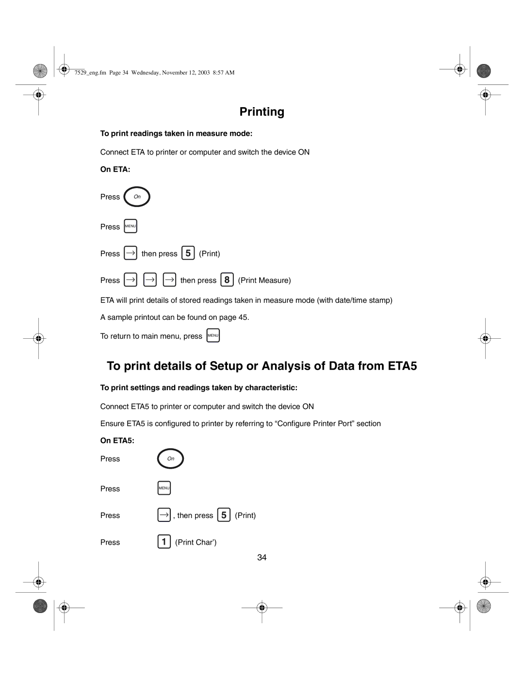 Ingersoll-Rand ETA2 manual Printing, To print details of Setup or Analysis of Data from ETA5 