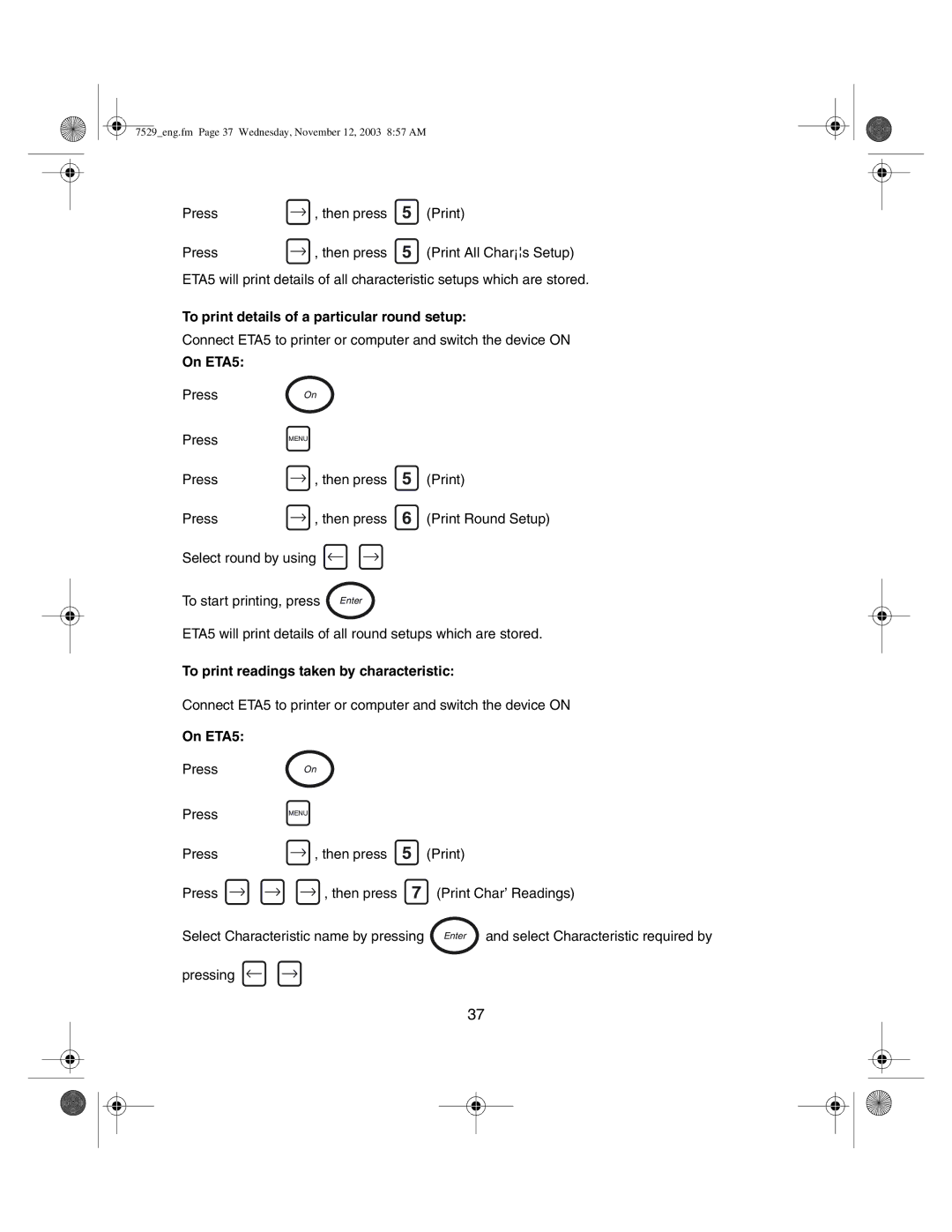 Ingersoll-Rand ETA5, ETA2 manual To print details of a particular round setup, To print readings taken by characteristic 