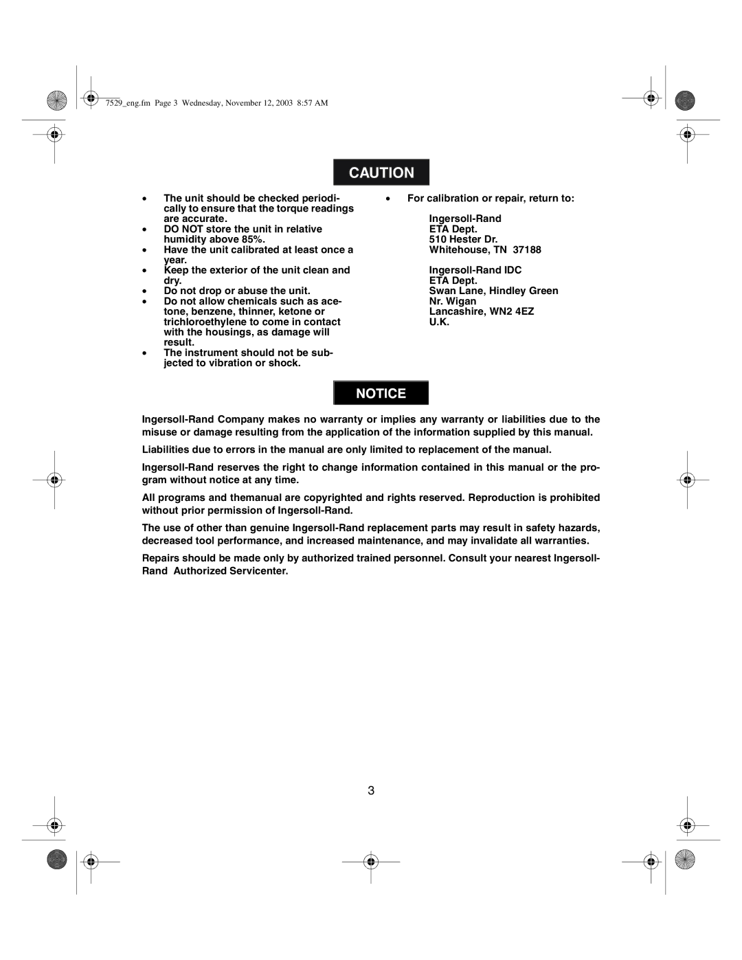 Ingersoll-Rand ETA5, ETA2 manual 7529eng.fm Page 3 Wednesday, November 12, 2003 857 AM 