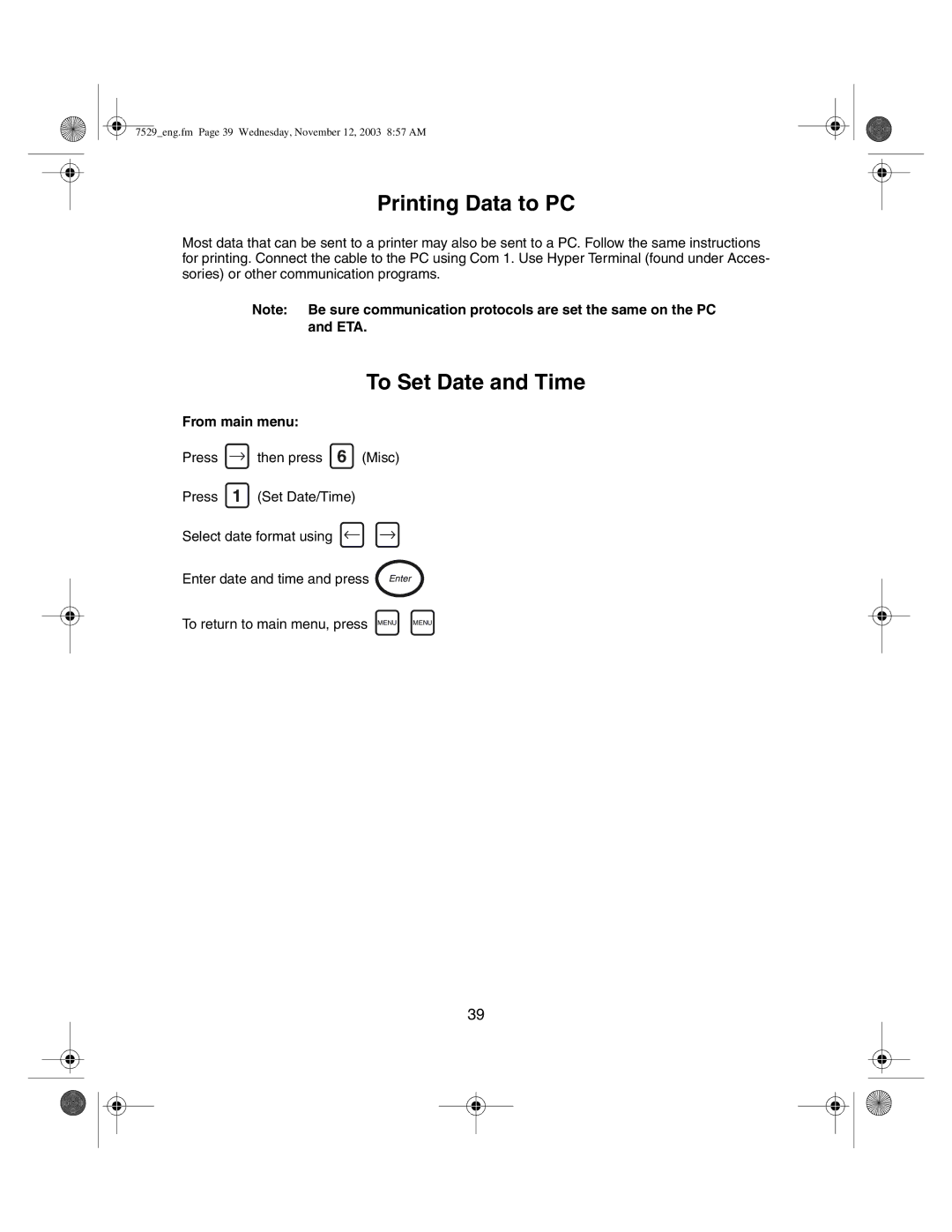 Ingersoll-Rand ETA5, ETA2 manual Printing Data to PC, To Set Date and Time 