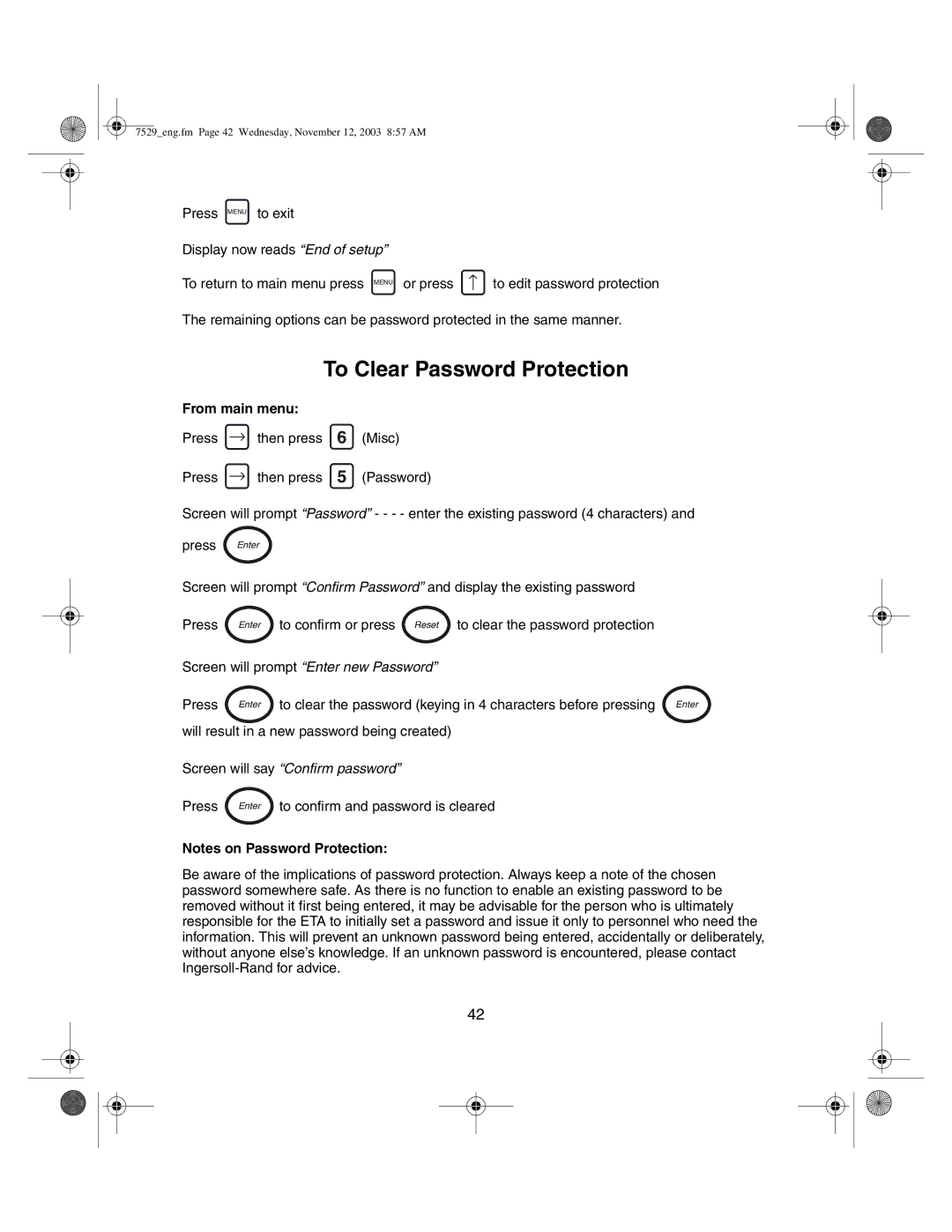 Ingersoll-Rand ETA2, ETA5 manual To Clear Password Protection, Screen will say Confirm password 