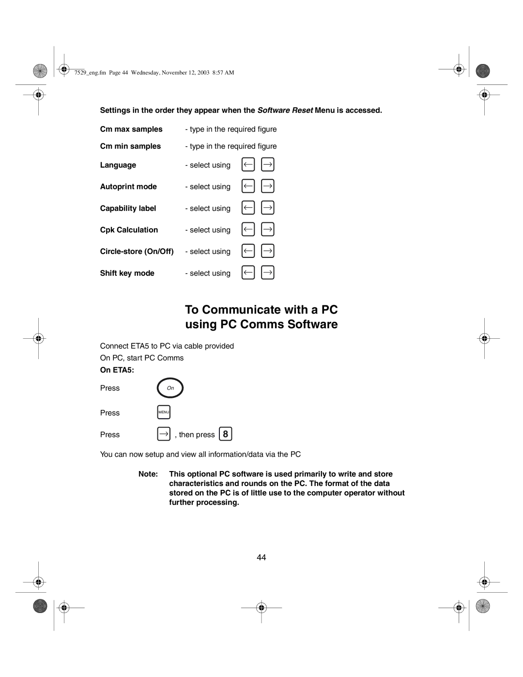 Ingersoll-Rand ETA2, ETA5 manual To Communicate with a PC using PC Comms Software, Cm min samples 