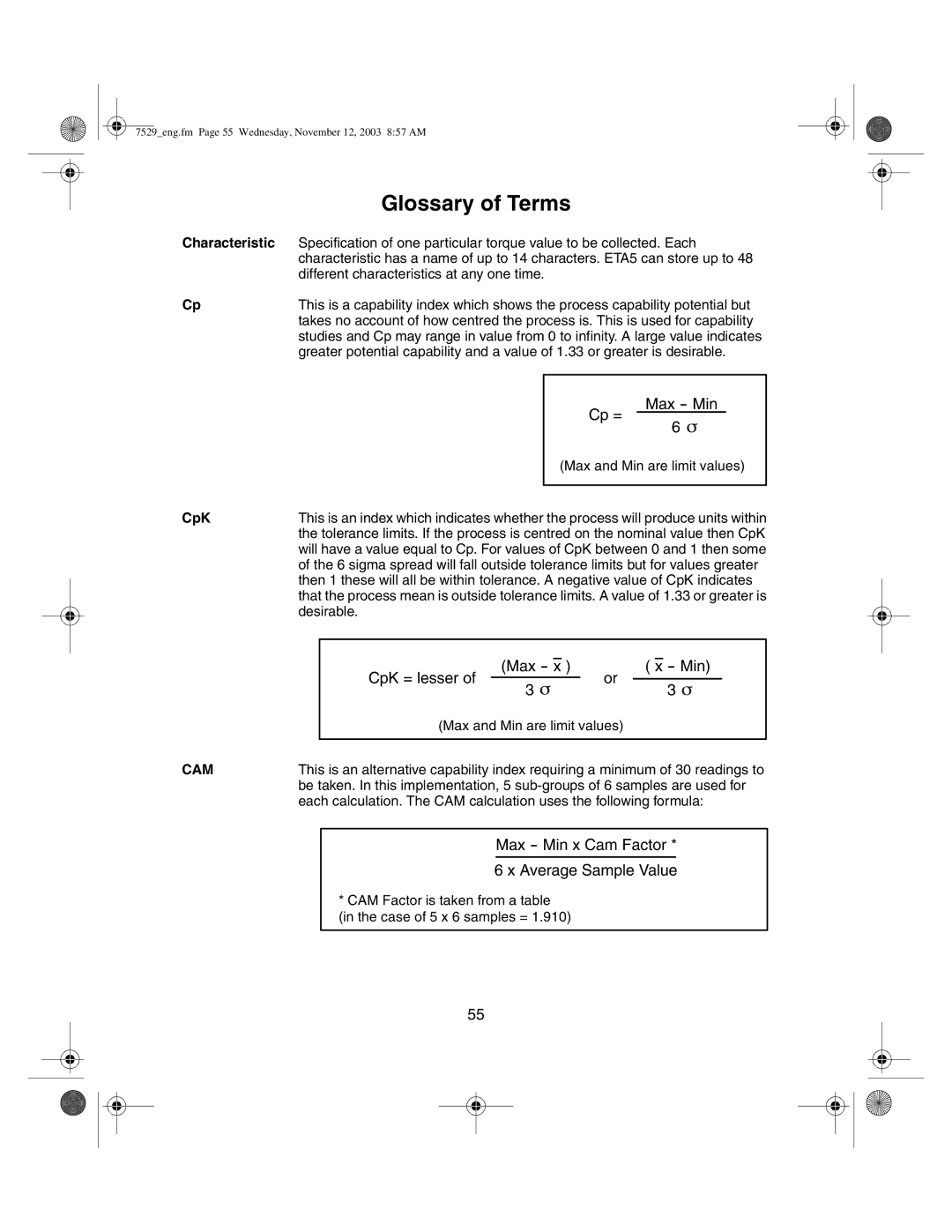 Ingersoll-Rand ETA5, ETA2 manual Glossary of Terms, Characteristic, CpK 