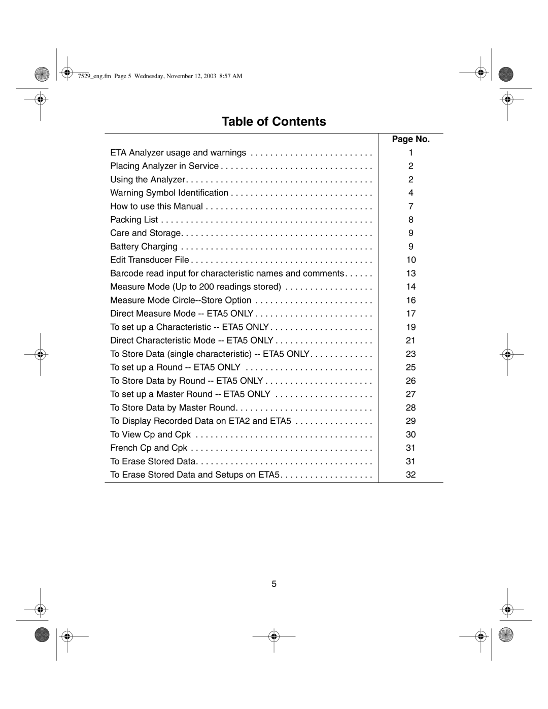 Ingersoll-Rand ETA5, ETA2 manual Table of Contents 