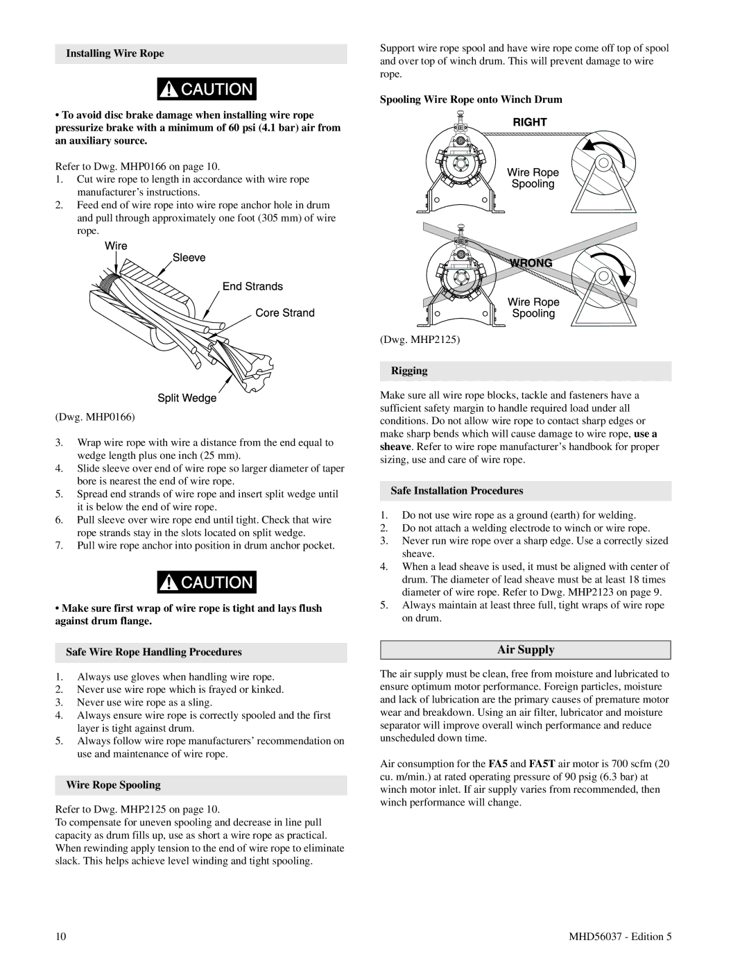 Ingersoll-Rand FA5T manual Air Supply, Wire Rope Spooling, Spooling Wire Rope onto Winch Drum, Rigging 