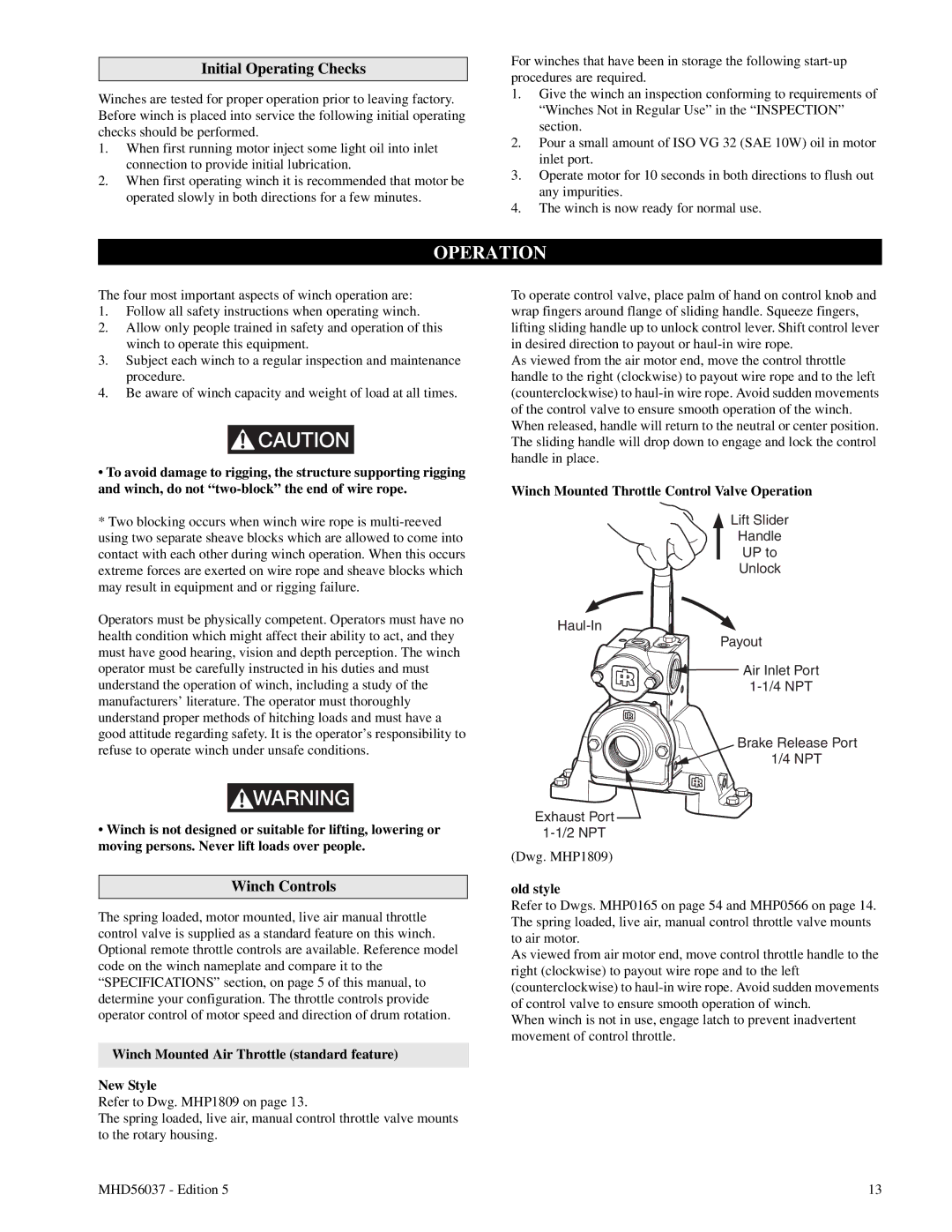 Ingersoll-Rand FA5T manual Operation, Initial Operating Checks, Winch Controls 