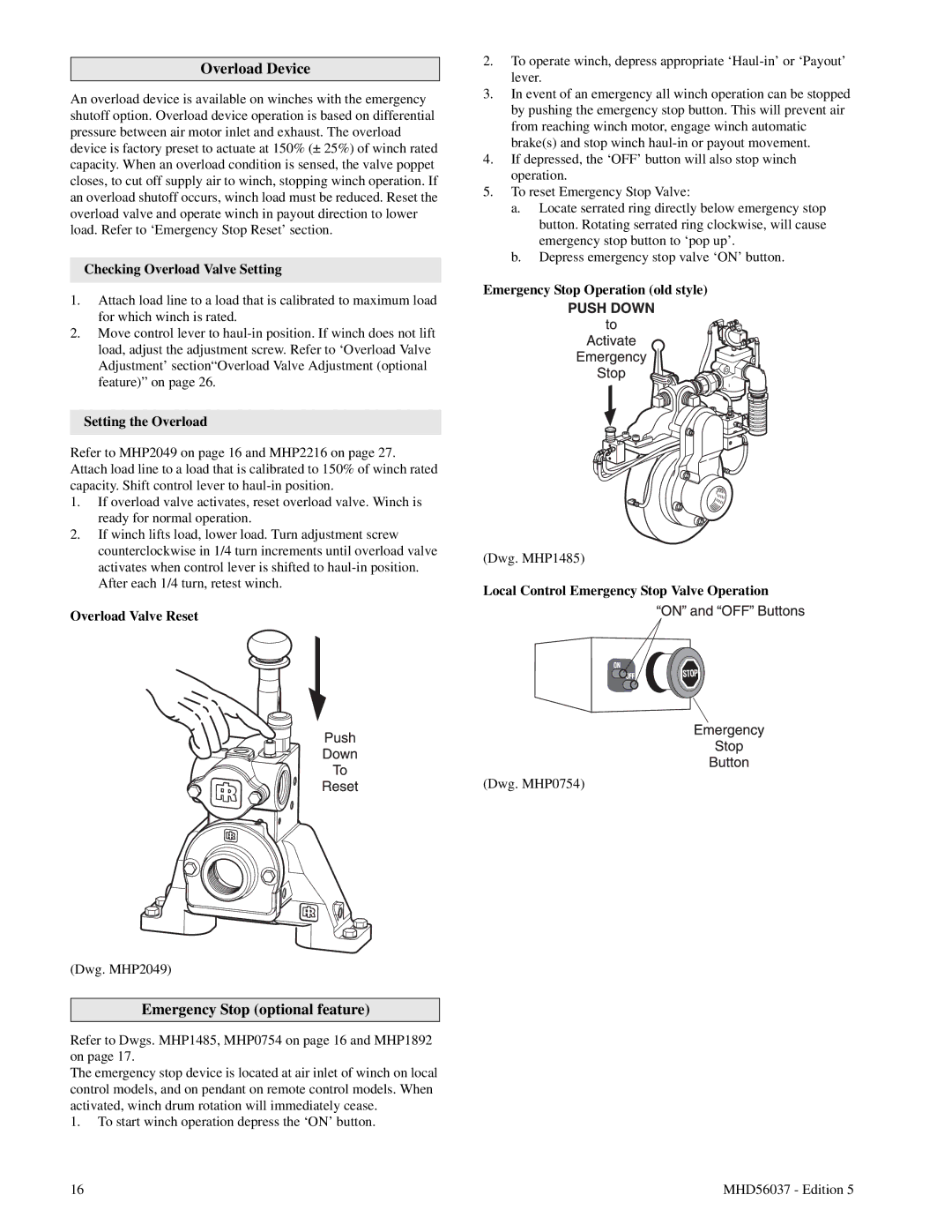 Ingersoll-Rand FA5T manual Overload Device, Emergency Stop optional feature 