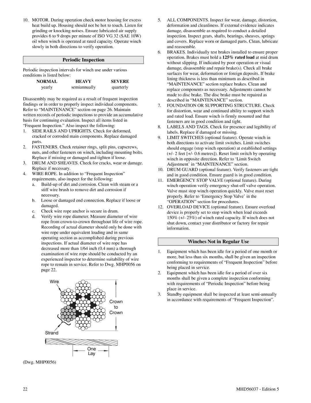 Ingersoll-Rand FA5T manual Periodic Inspection, Winches Not in Regular Use, Normal Heavy Severe 