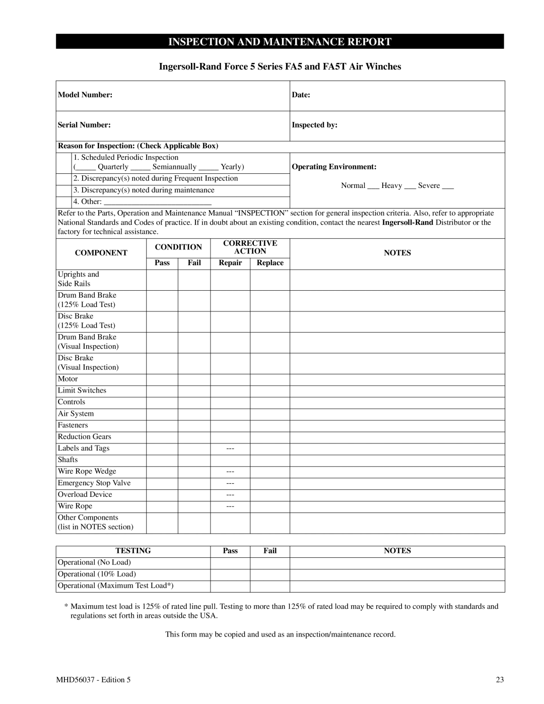 Ingersoll-Rand FA5T manual Inspection and Maintenance Report, Condition Corrective Component Action, Testing 