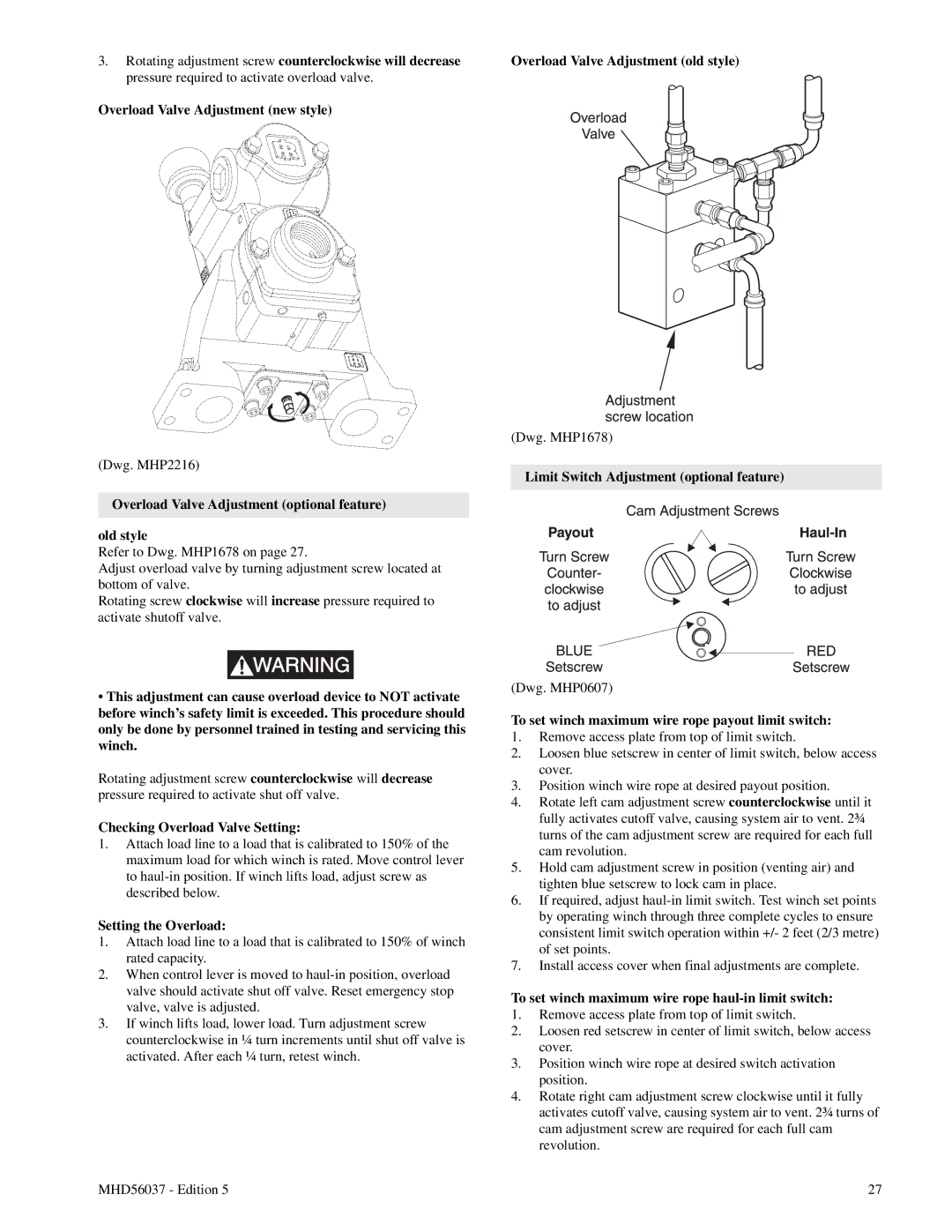 Ingersoll-Rand FA5T manual Overload Valve Adjustment new style, Overload Valve Adjustment optional feature Old style 