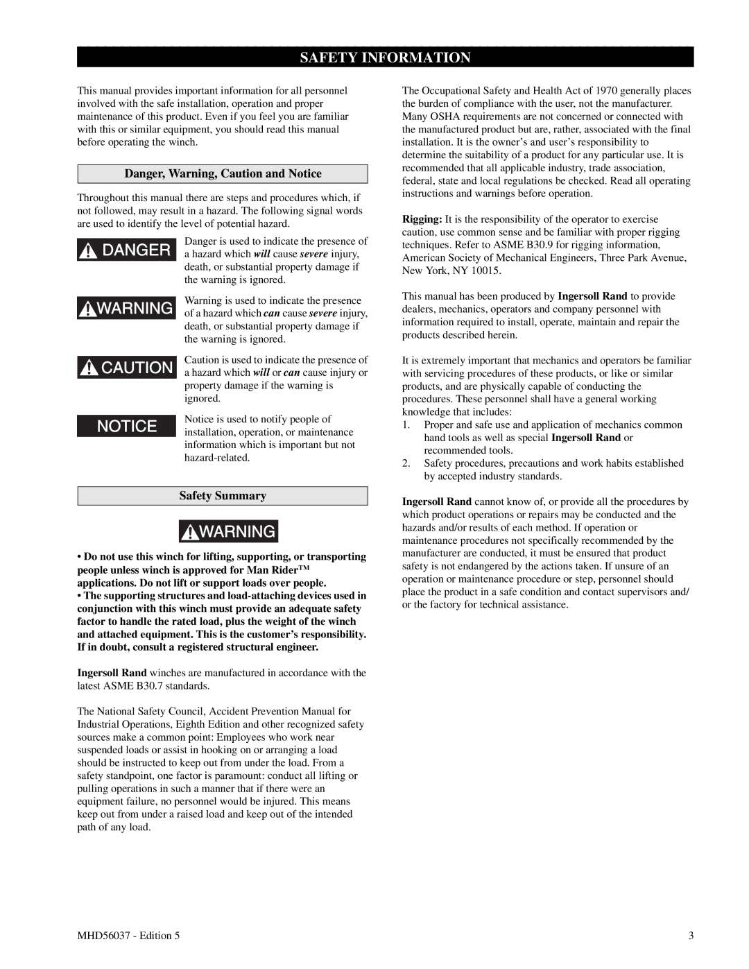 Ingersoll-Rand FA5T manual Safety Information, Safety Summary 