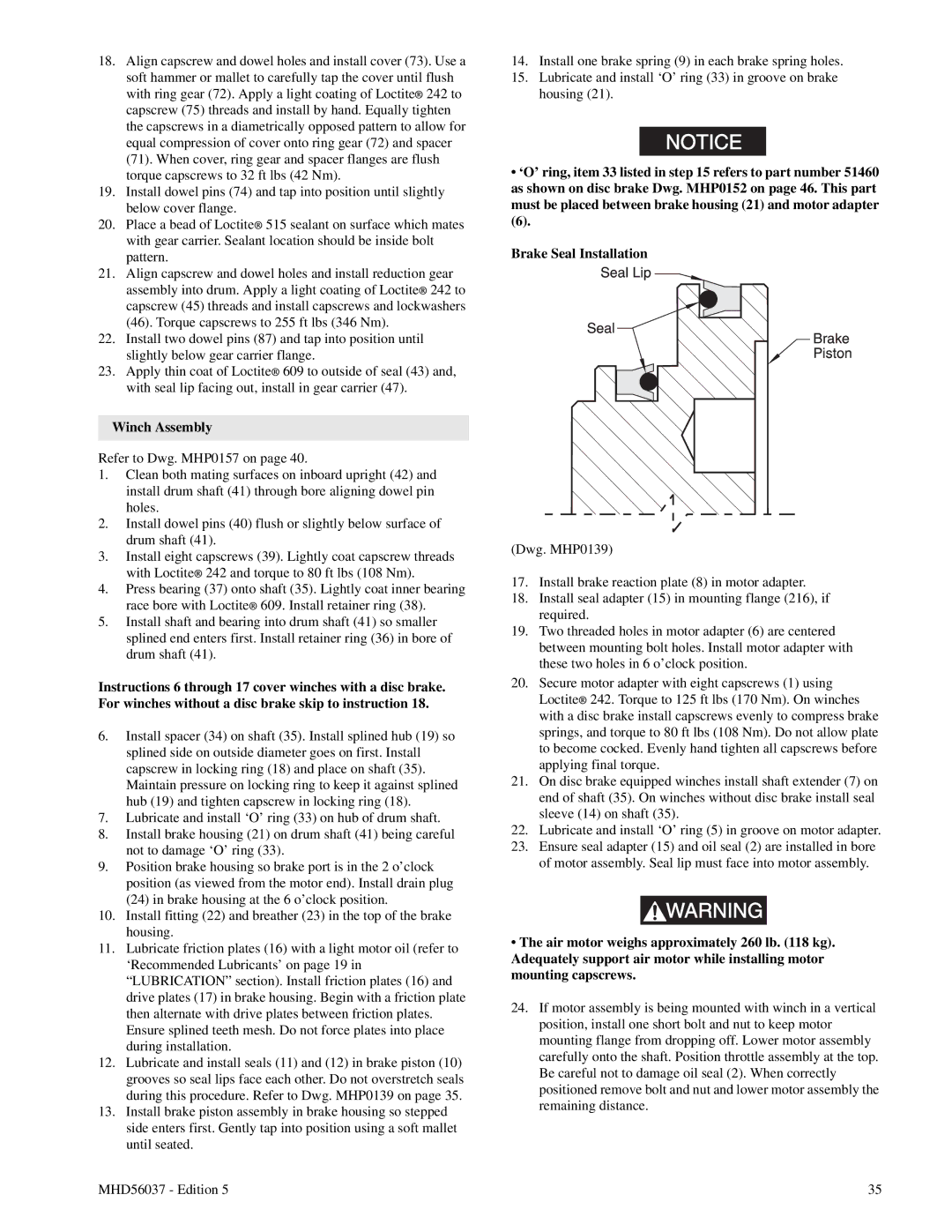 Ingersoll-Rand FA5T manual Winch Assembly, Brake Seal Installation 