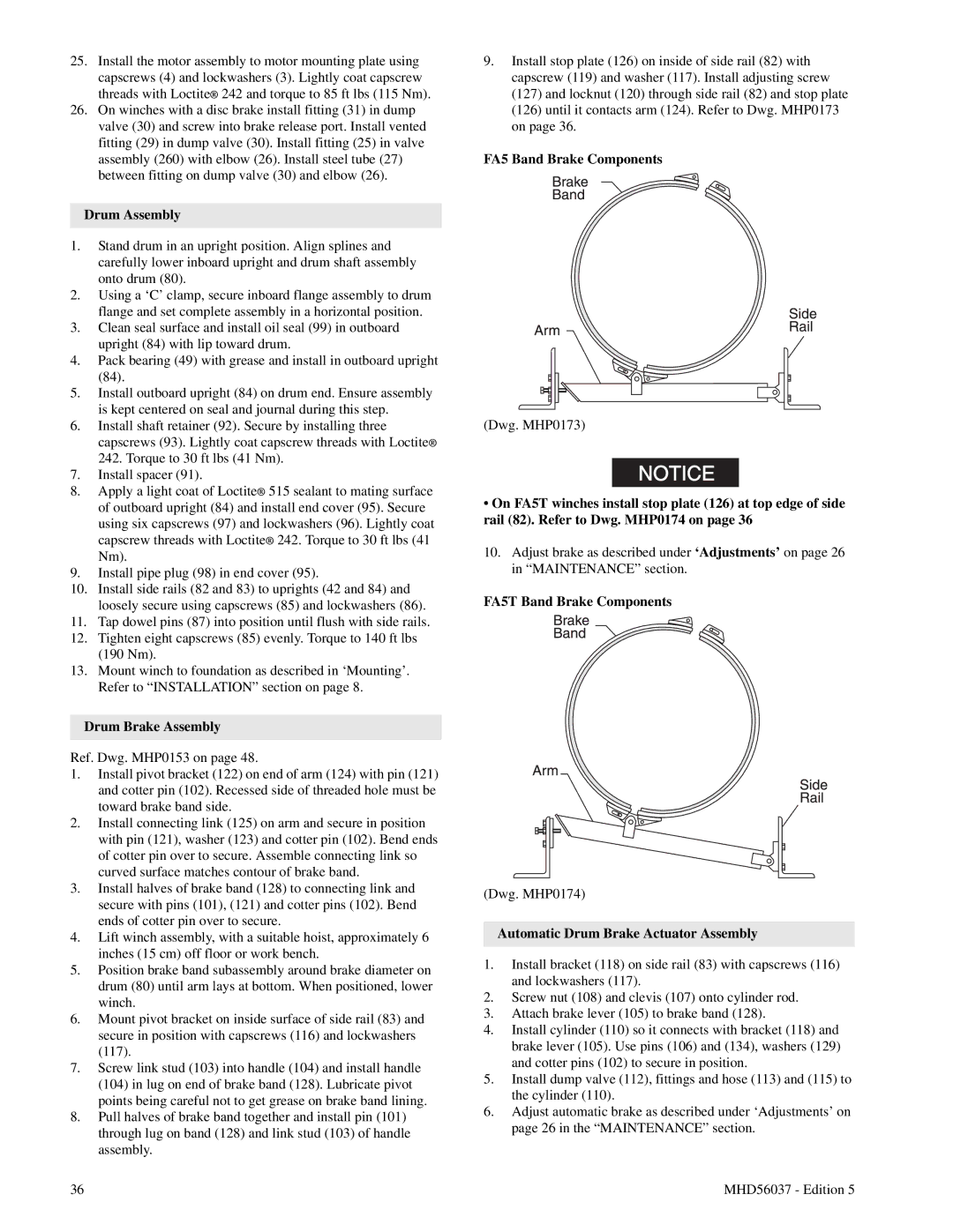 Ingersoll-Rand manual Drum Assembly, Drum Brake Assembly, FA5 Band Brake Components, FA5T Band Brake Components 