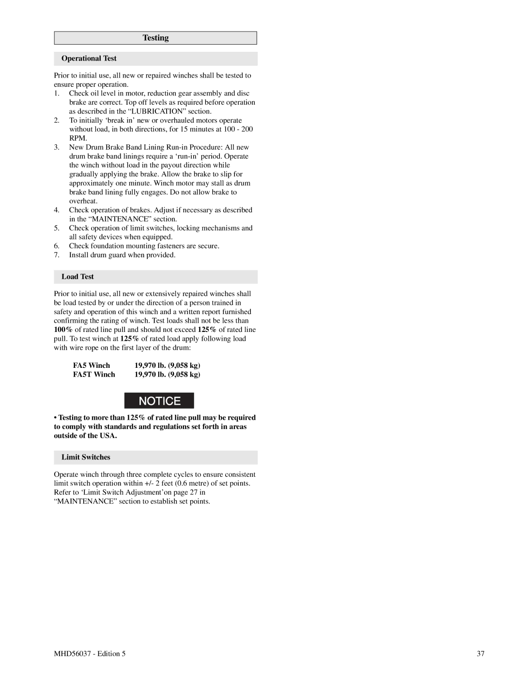 Ingersoll-Rand FA5T manual Testing, Operational Test, Load Test 