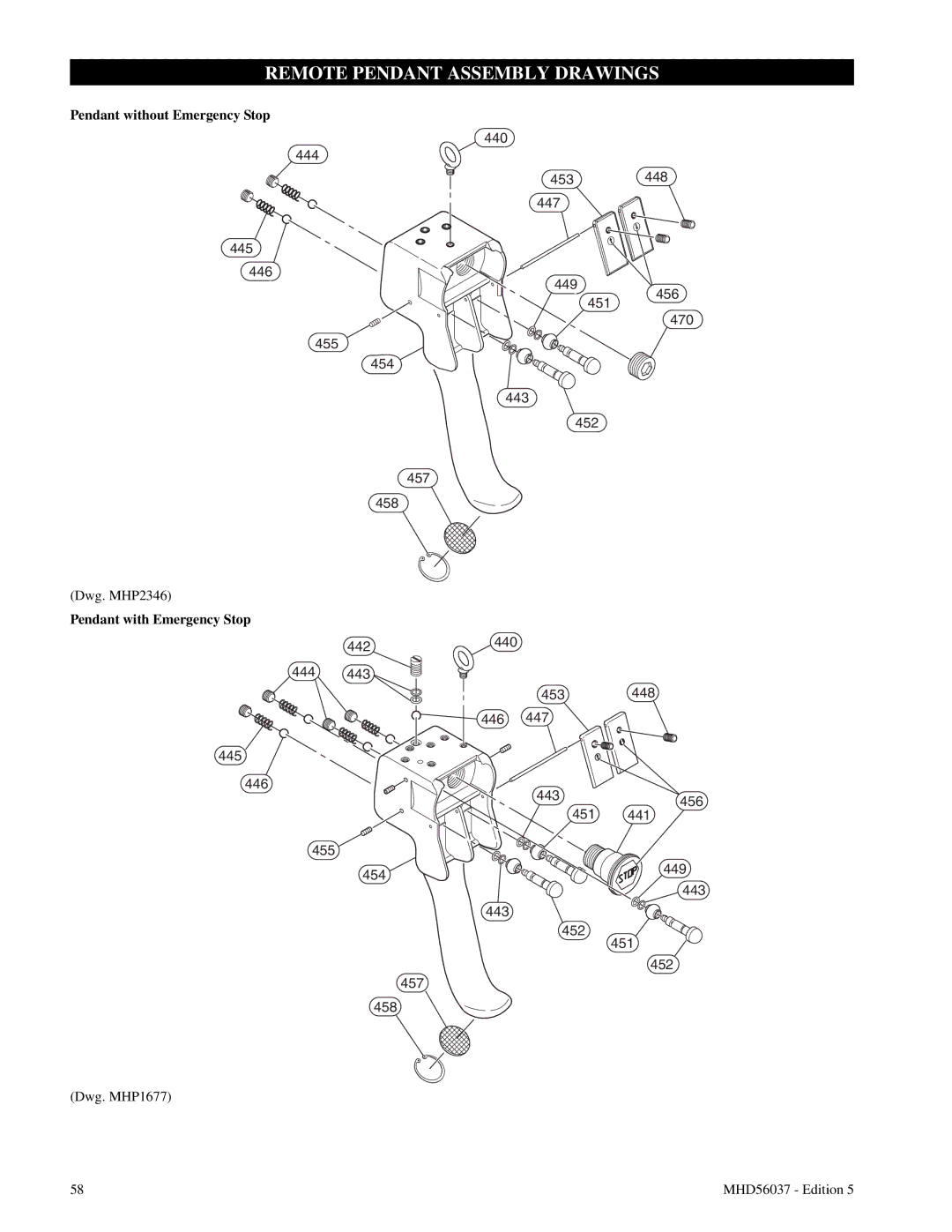 Ingersoll-Rand FA5T manual Remote Pendant Assembly Drawings, Pendant without Emergency Stop, Pendant with Emergency Stop 