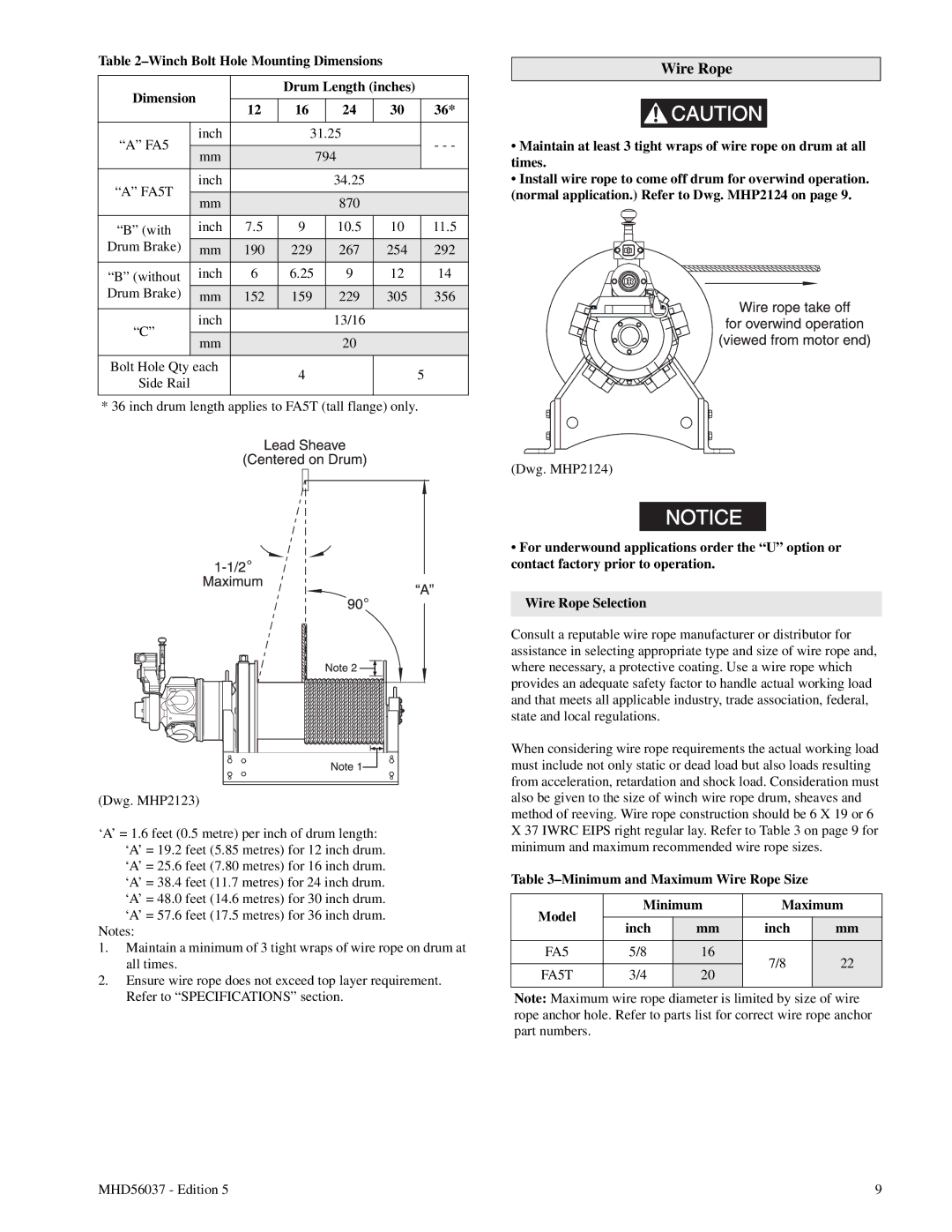 Ingersoll-Rand FA5T manual Wire Rope, Winch Bolt Hole Mounting Dimensions, Drum Length inches 