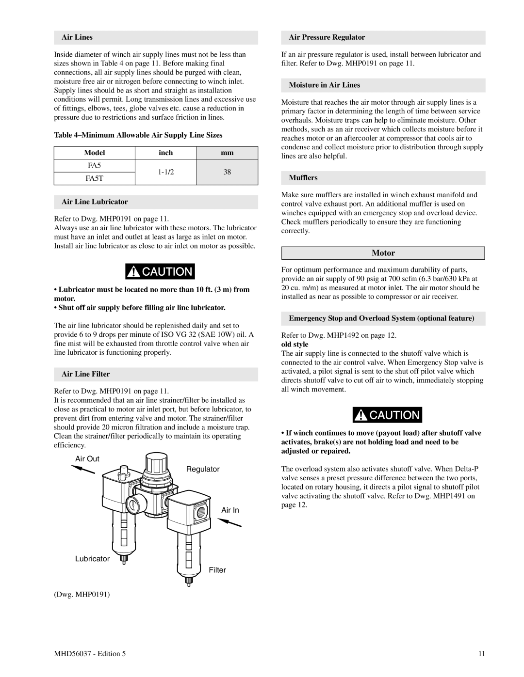 Ingersoll-Rand FA5T Motor, Air Lines, Minimum Allowable Air Supply Line Sizes, Model, inch, 1-1/2, Air Line Lubricator 