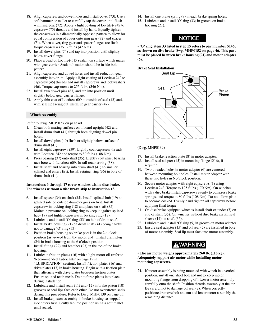 Ingersoll-Rand FA5T manual Winch Assembly, Brake Seal Installation 