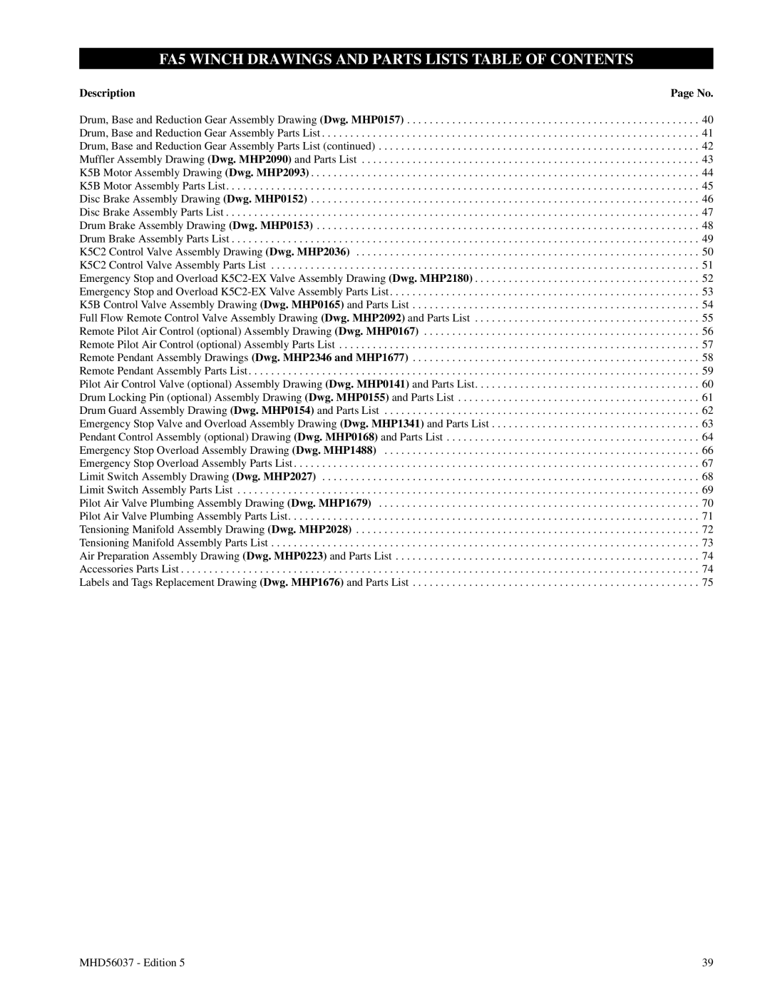 Ingersoll-Rand FA5T manual FA5 WINCH DRAWINGS AND PARTS LISTS TABLE OF CONTENTS, Description 